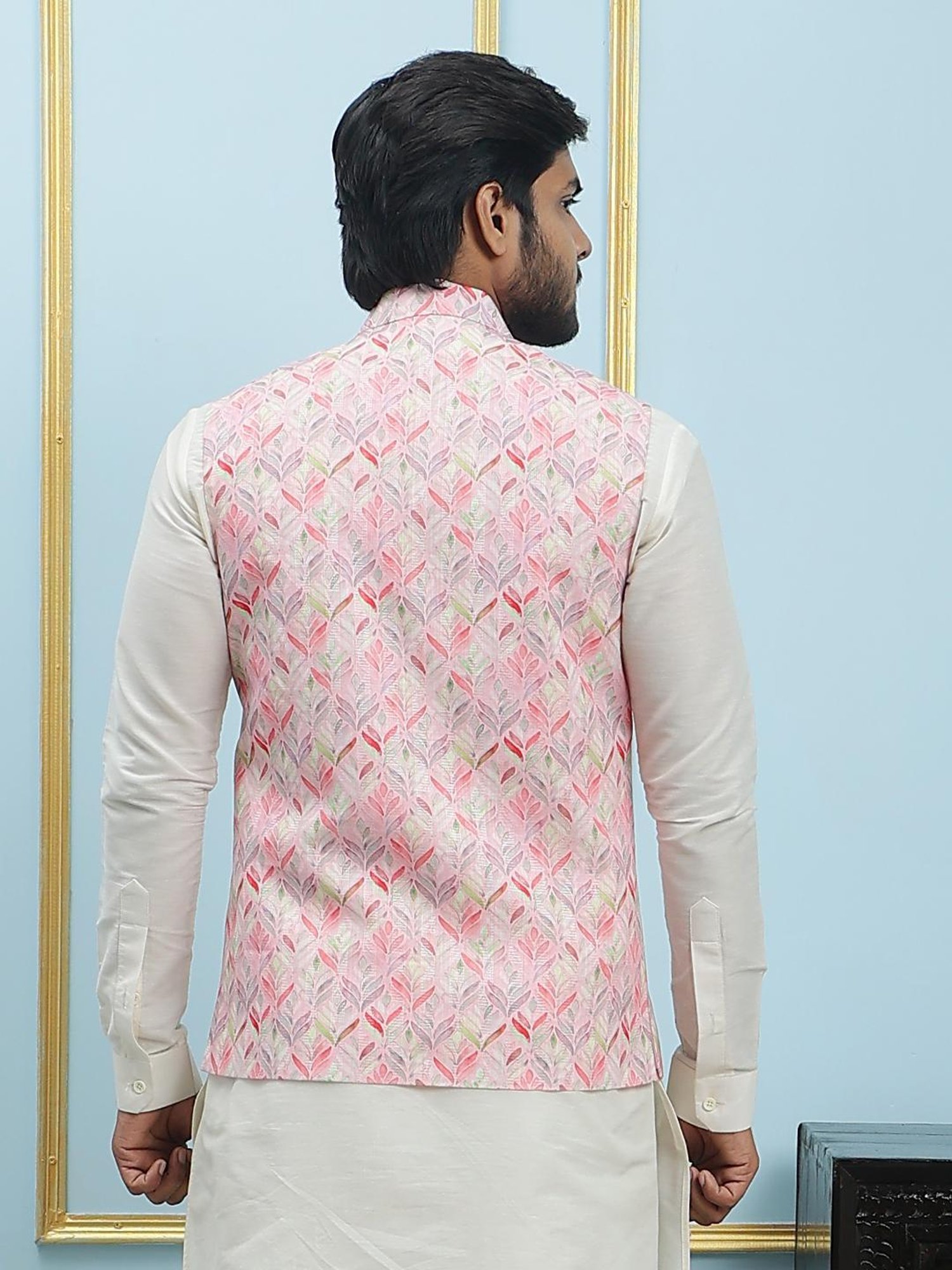 See Designs Pink Slim Fit Printed Nehru Jacket