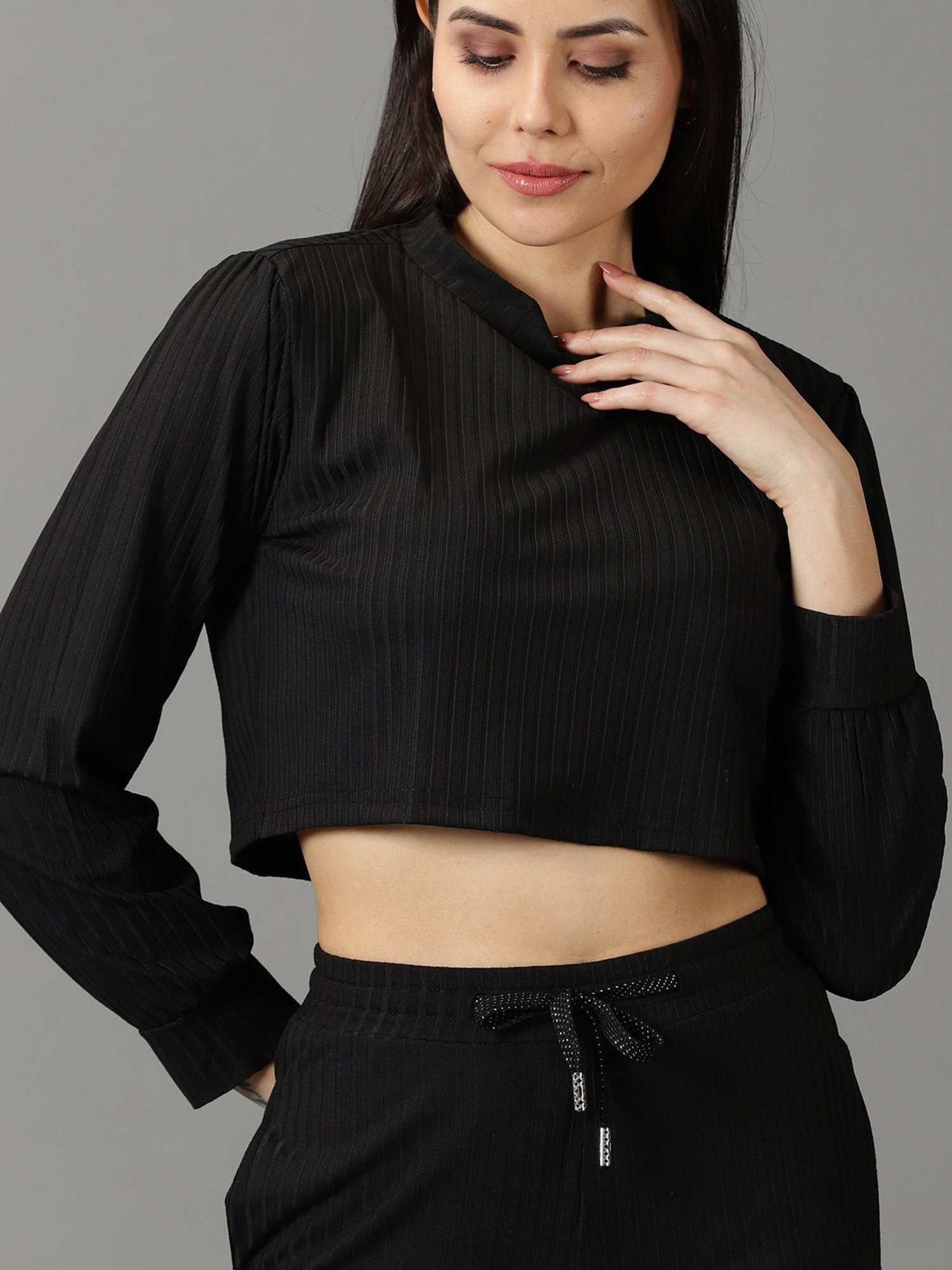 SHOWOFF Black Crop Top With Pants