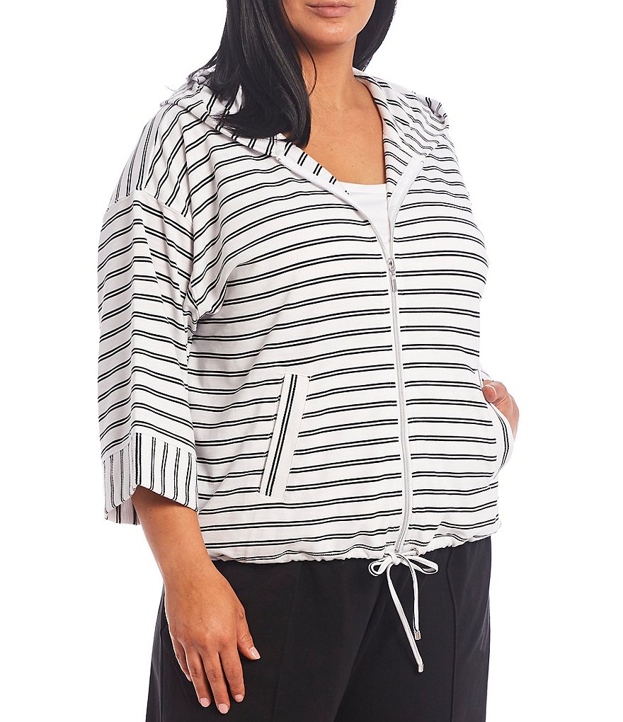 Ruby Rd. Plus Size Stripe Print Silky Terry Knit Hooded Zip Up 3/4 Sleeve Drawstring Hem Jacket
