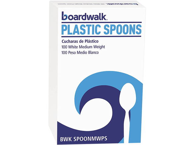 Boardwalk SPOONMWPSCT Plastic Tableware, Mediumweight, Teaspoon, White, 10 Boxes of 100/Carton