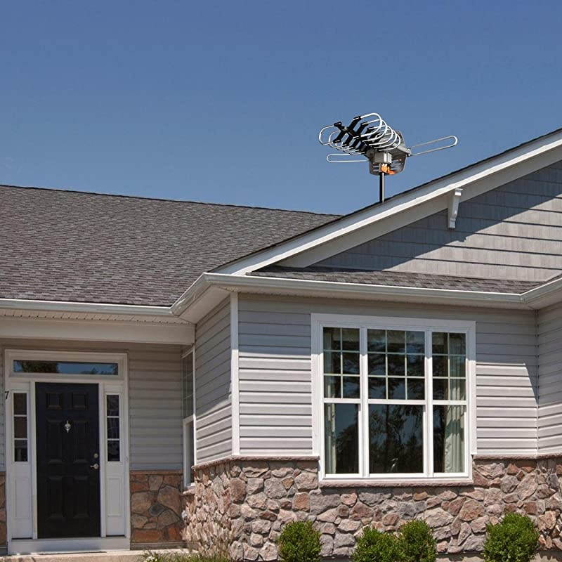 Version Outdoor Amplified Digital HDTV Antenna 150 Mile Motorized 360 Degree Rotation Amplified HD TV Antenna for 2 TVs Support UHFVHF 4K 1080P Channels Wireless