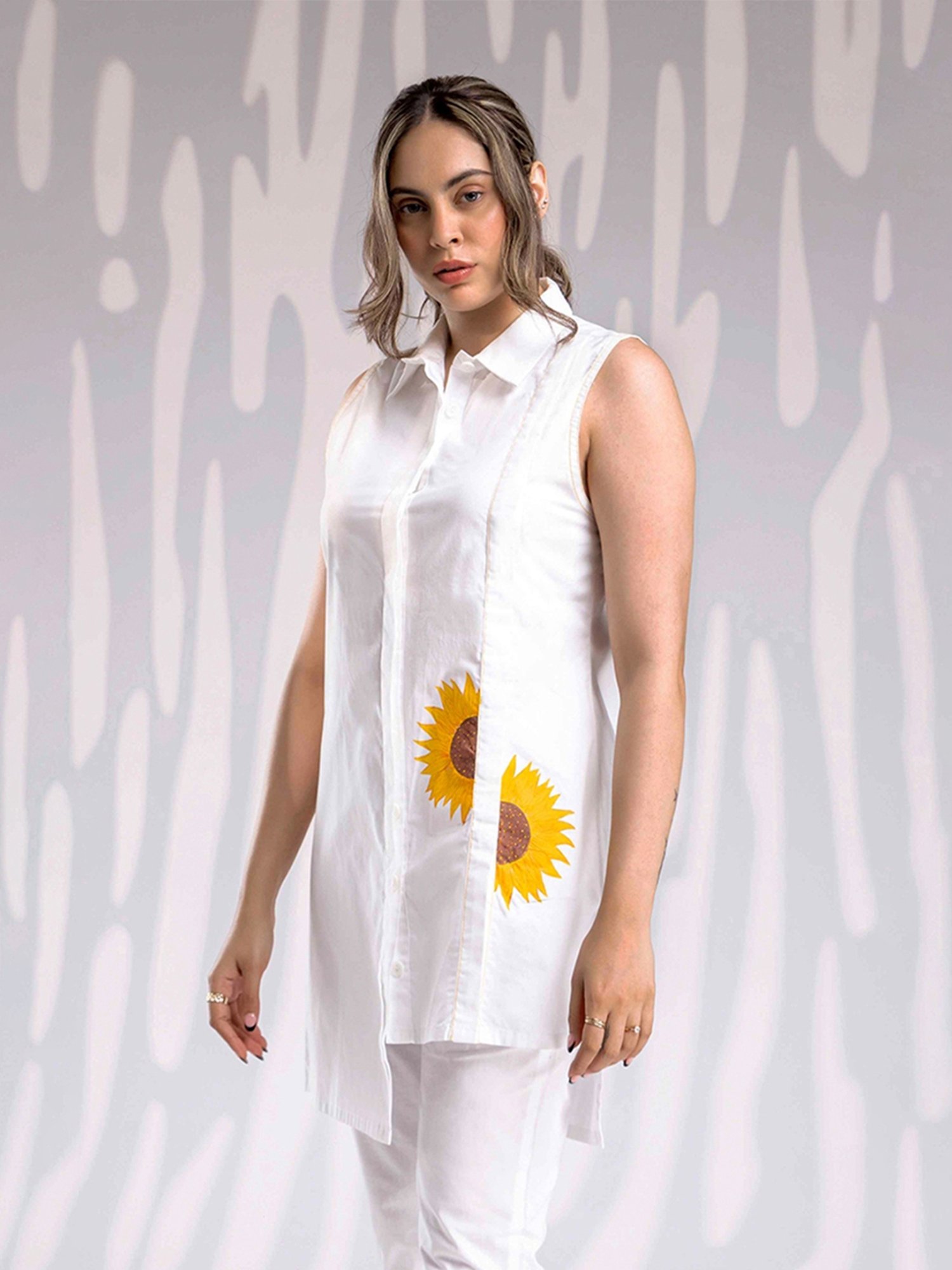 House of Manaa White Handpainted Asymmetric Shirt