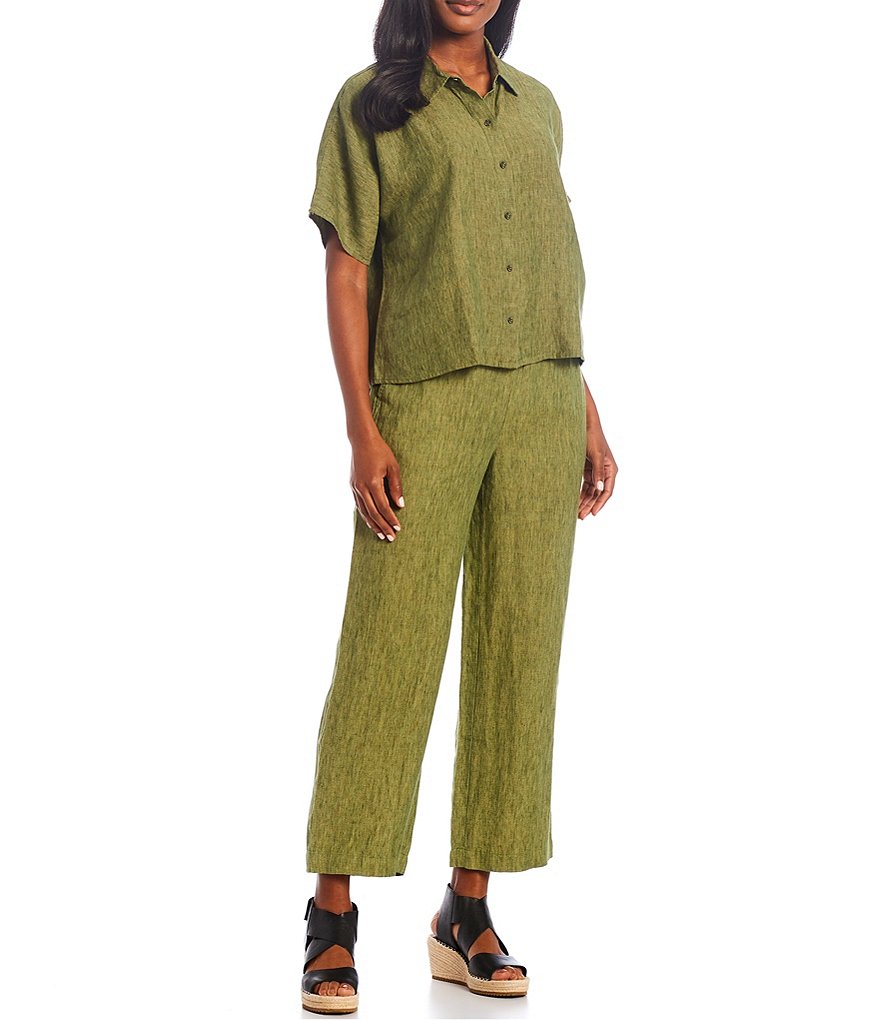 Eileen Fisher Petite Size Washed Organic Linen Delave Cross Dye Ankle Straight Leg Pant