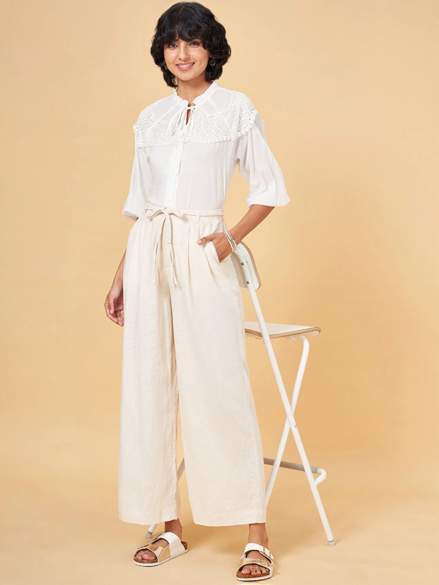 Honey by Pantaloons White Cotton Lace Work Top