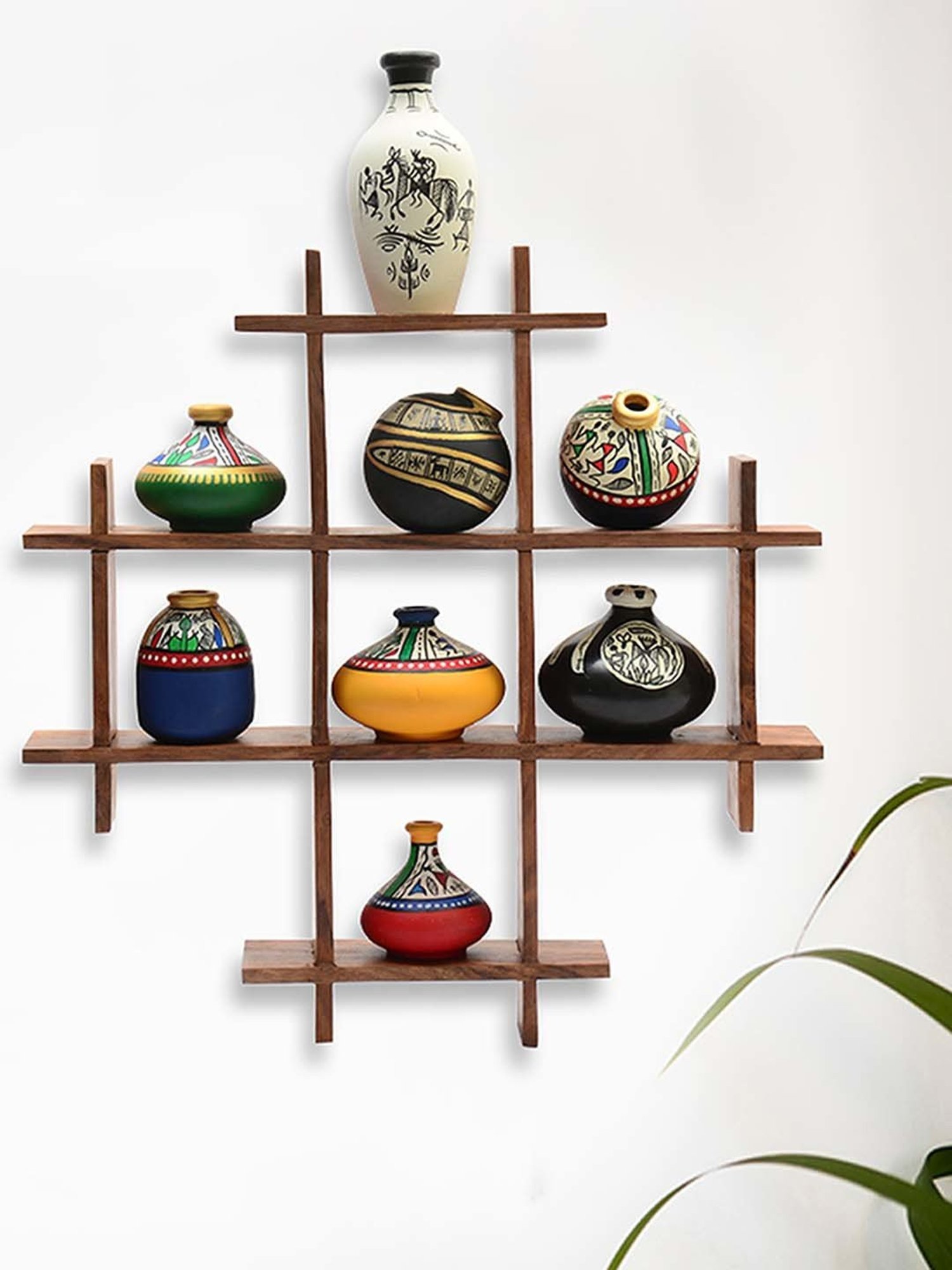 ExclusiveLane 8 Terracotta Warli Handpainted Pots With Sheesham Wooden Frame Wall Hanging