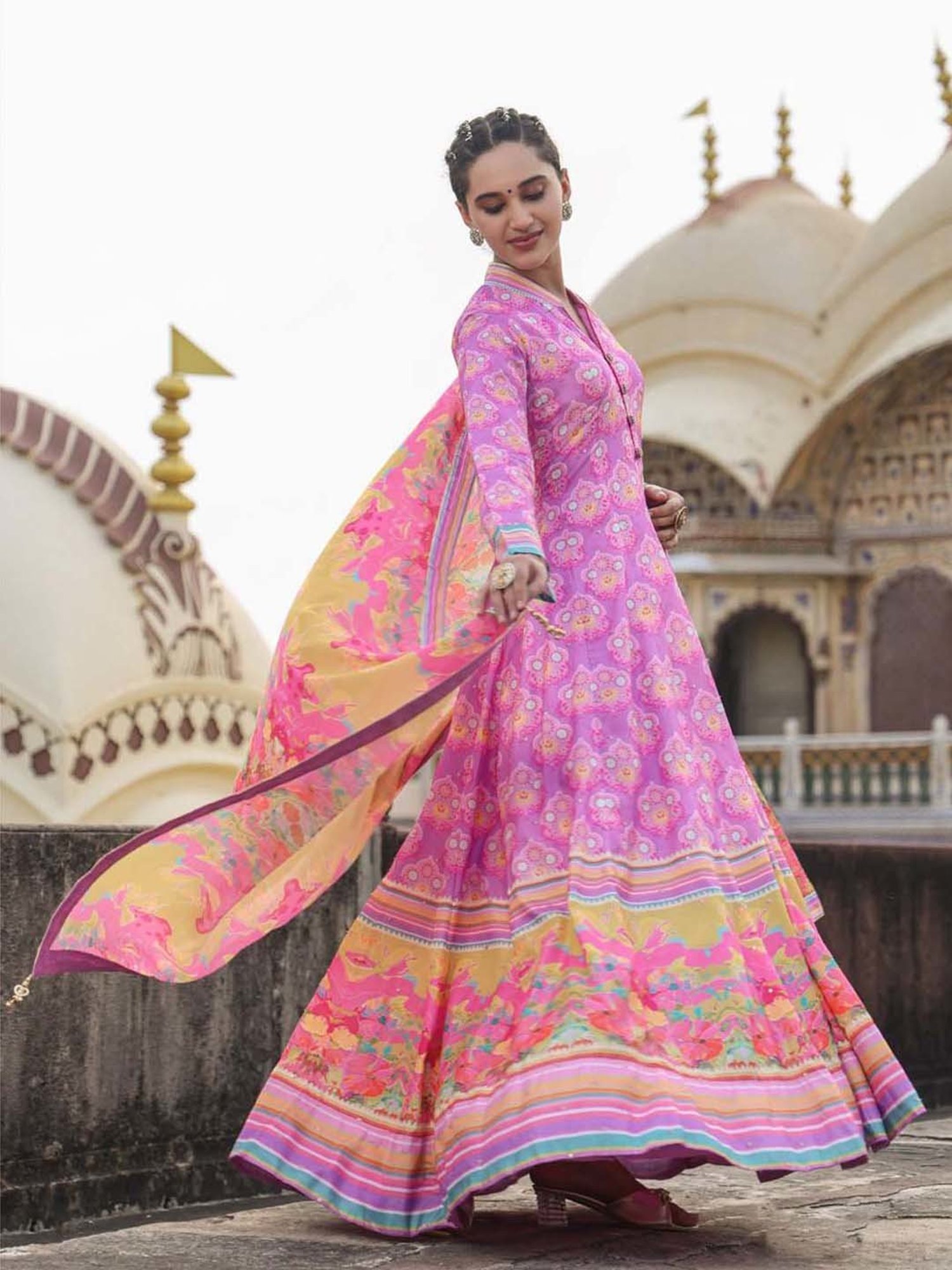 SCAKHI Purple Printed Maxi Dress With Dupatta