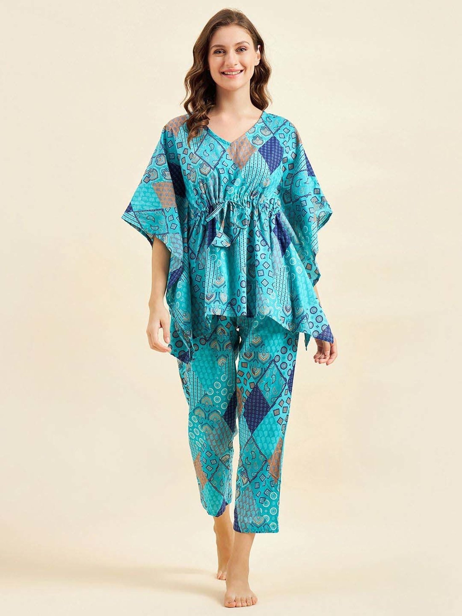 Sweet Dreams Blue Cotton Printed Kaftan Pyjama Set