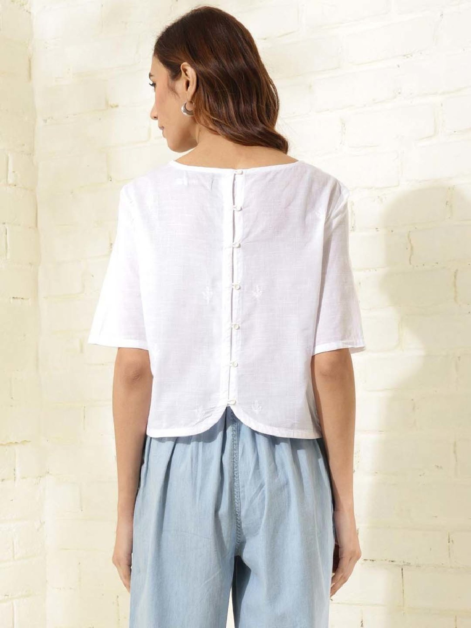 Fabindia White Cotton Embroidered Top
