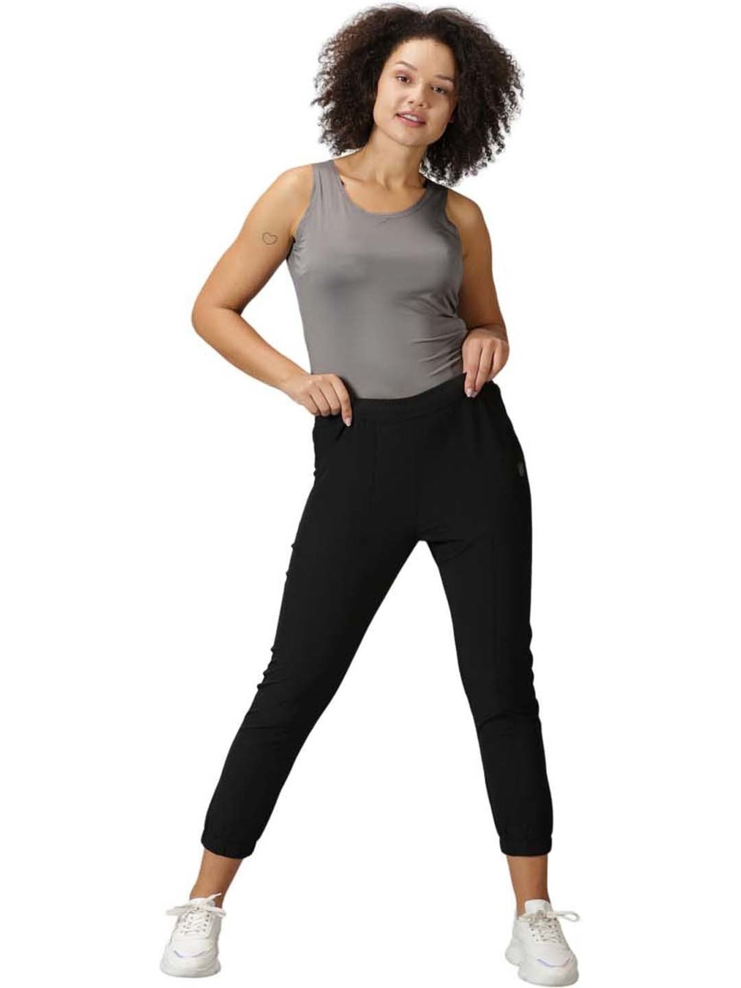 Domin8 Women Solid Running Black Track Pants With Elasticated Waist & Pockets
