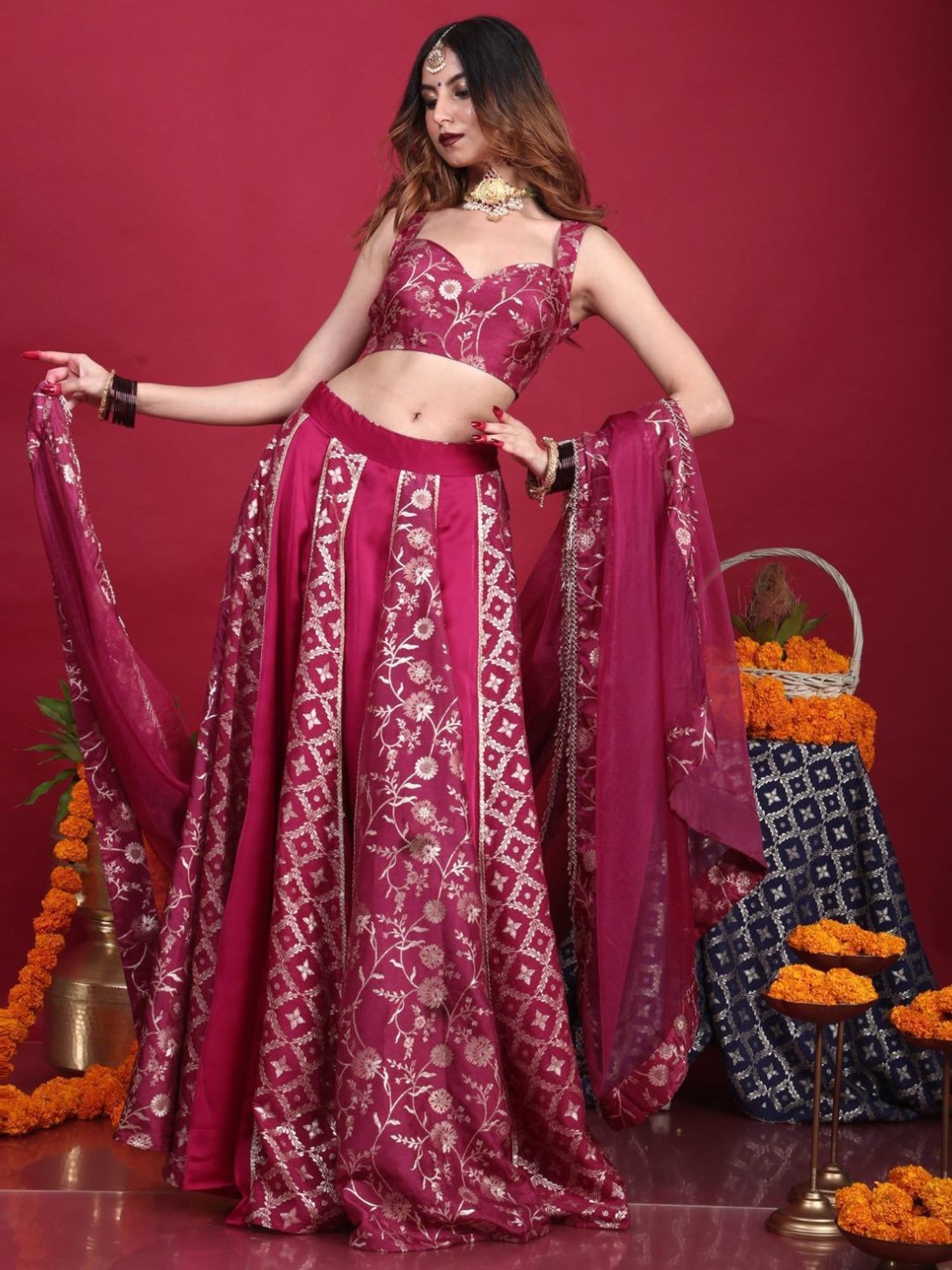 Monk and Mei Kora Kashi Plum Purple Leela-Brocade Lehenga Set