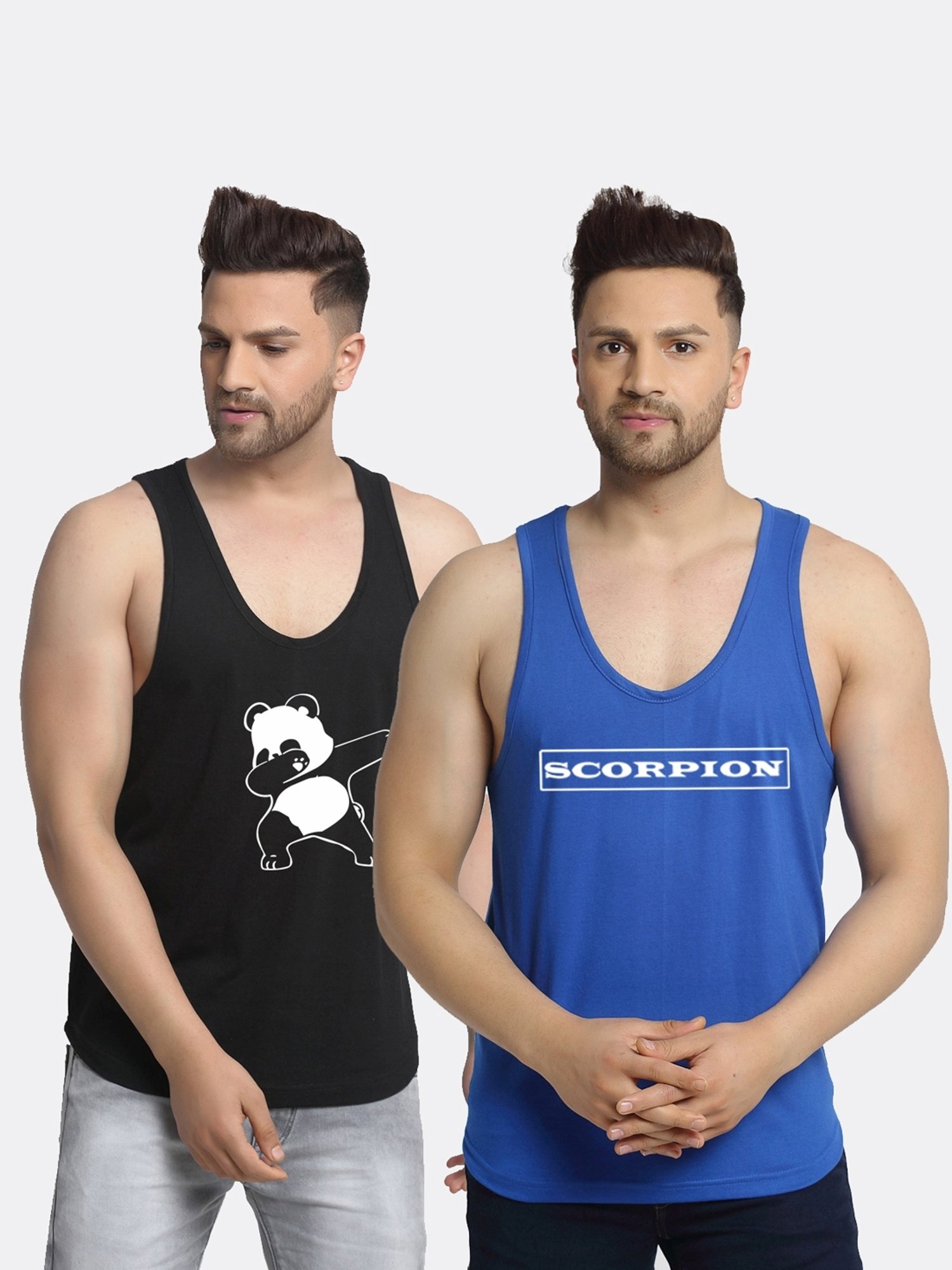 Friskers Multi Cotton Slim Fit Printed Gym Vest - Pack of 2