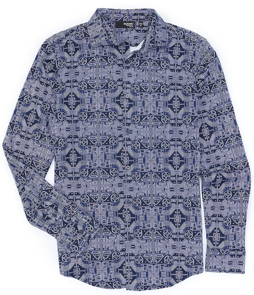 Murano Liquid Luxury Slim-Fit Circuit Printed Long-Sleeve Coatfront Shirt