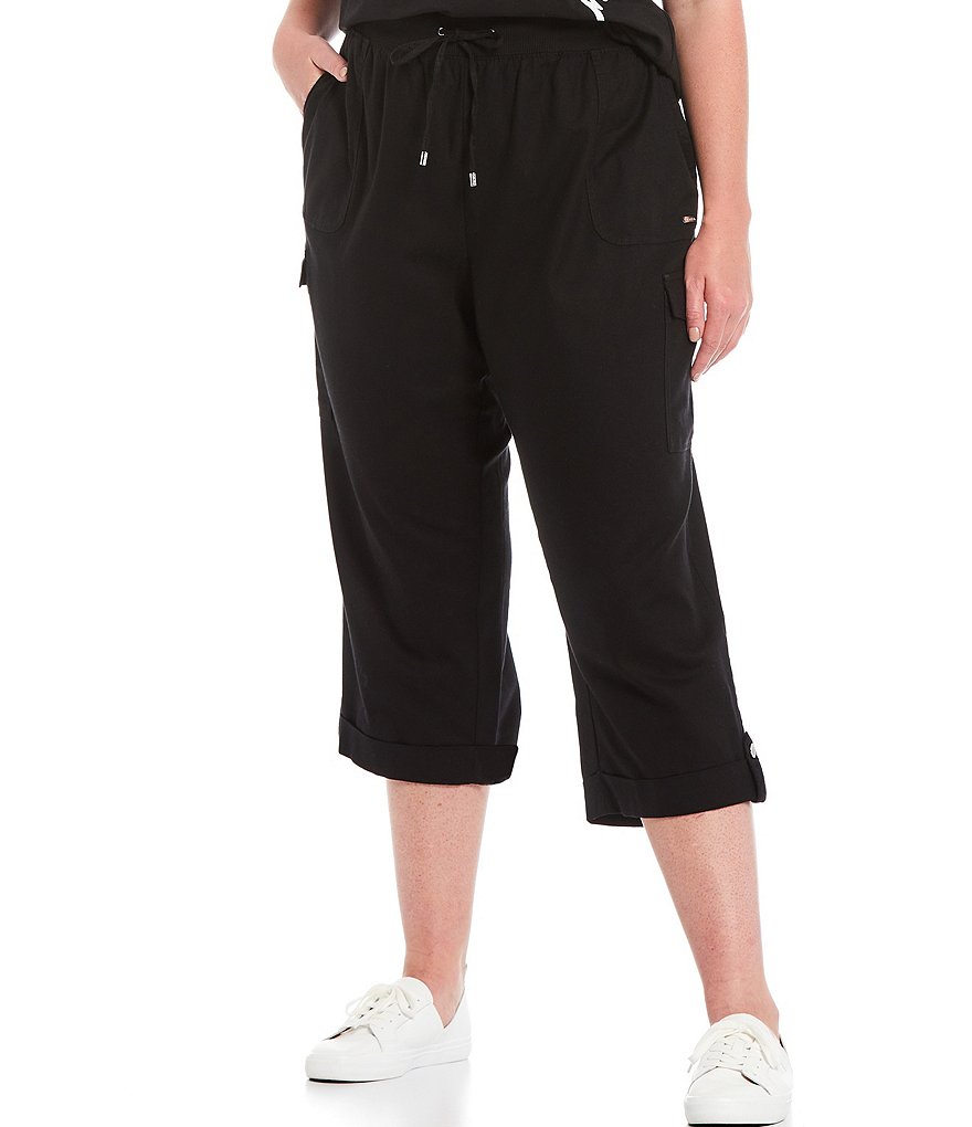 Calvin Klein Plus Size Drawstring Waist Cuffed Hem Crop Cargo Pants