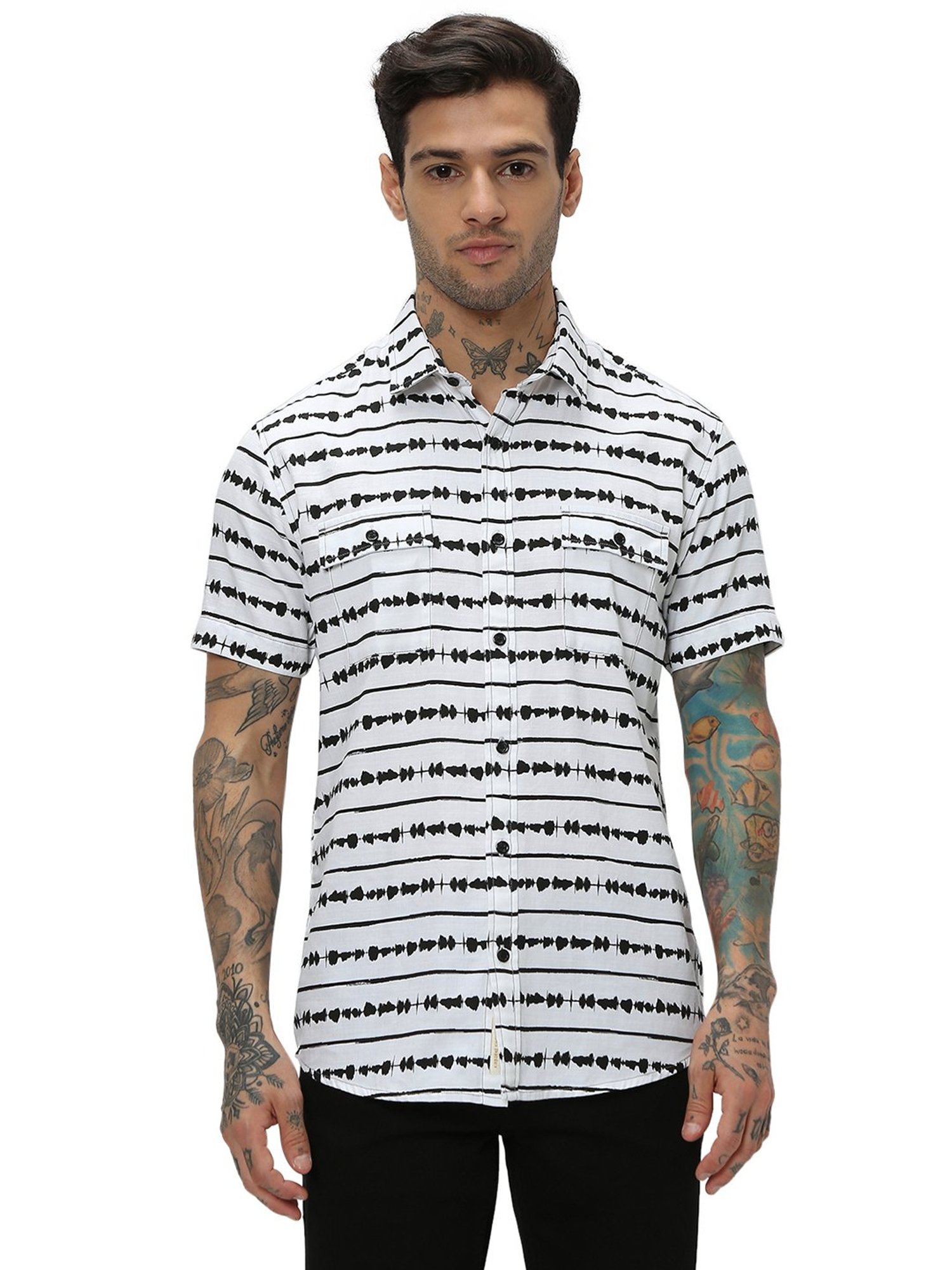 Mufti White Slim Fit Striped Cotton Shirt