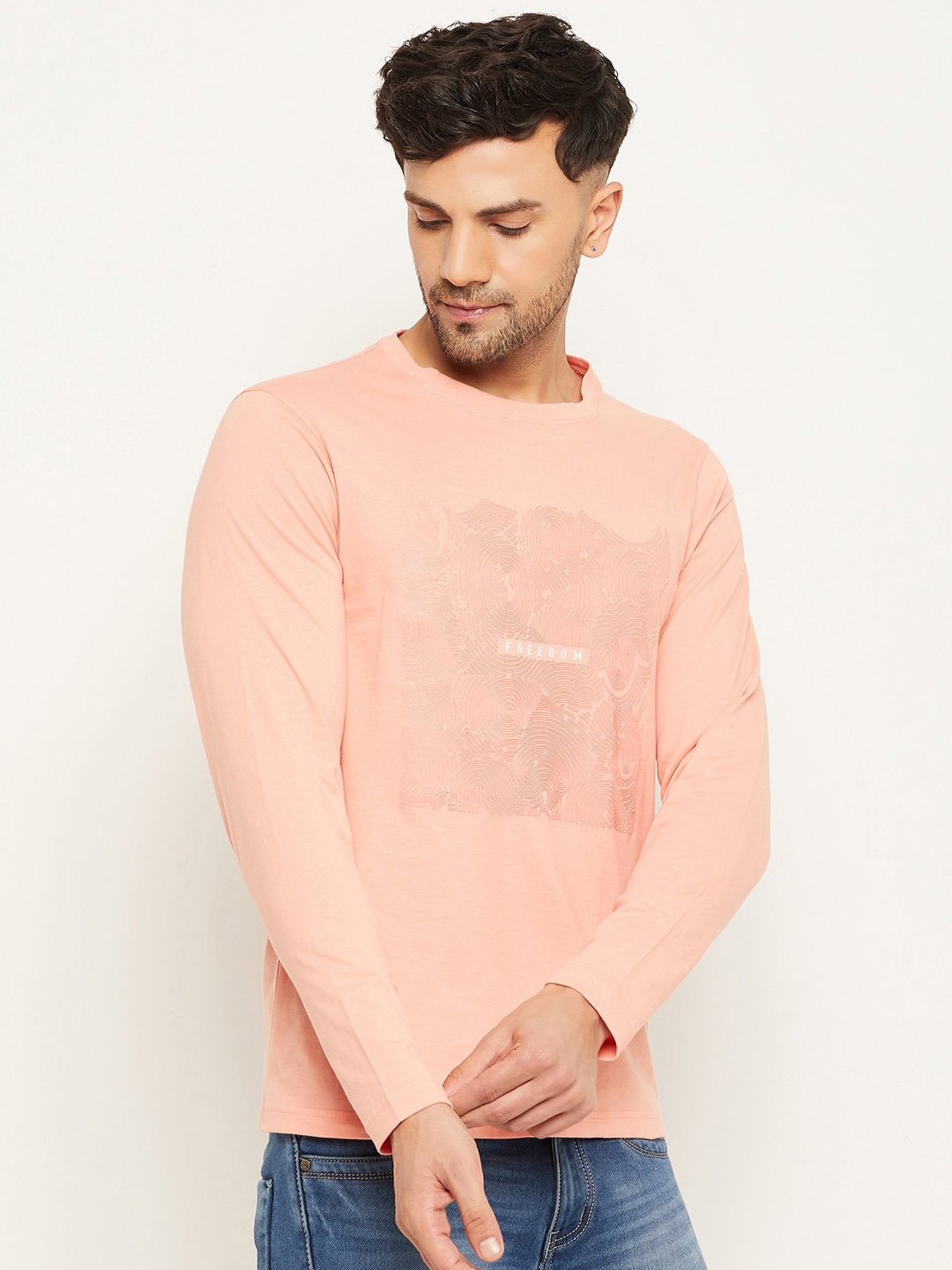 Club York Peach Regular Fit Printed Crew T-Shirt