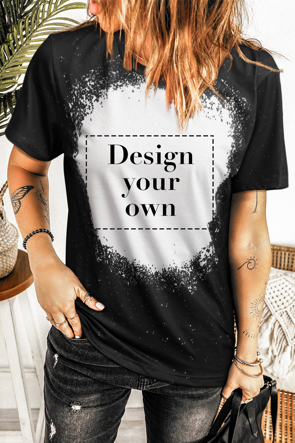 Blank T Shirt - Black Short Sleeve Bleached T Shirt for Women Customized