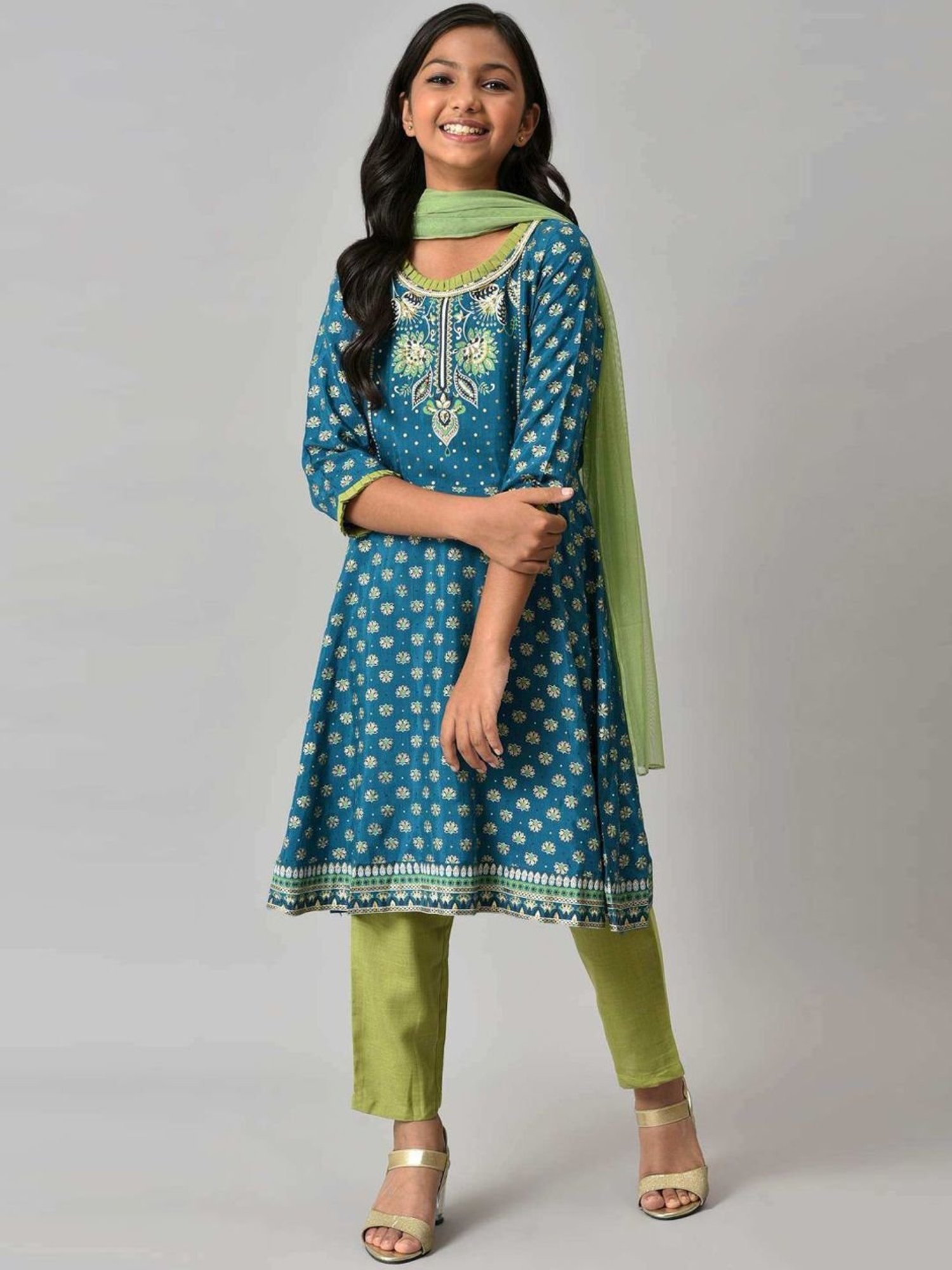 Aurelia Kids Blue & Green Printed Kurta Set