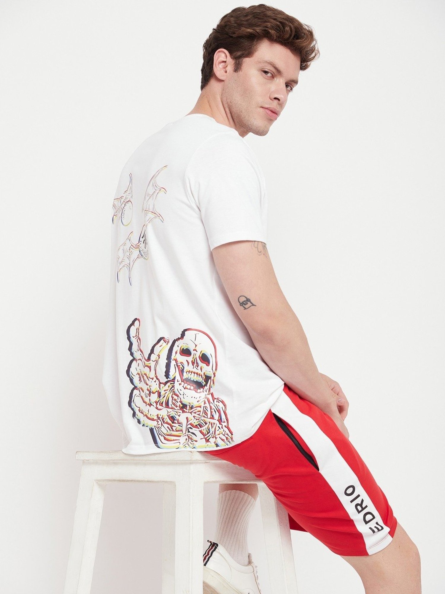 Edrio White Cotton Relaxed Fit Printed T-Shirt