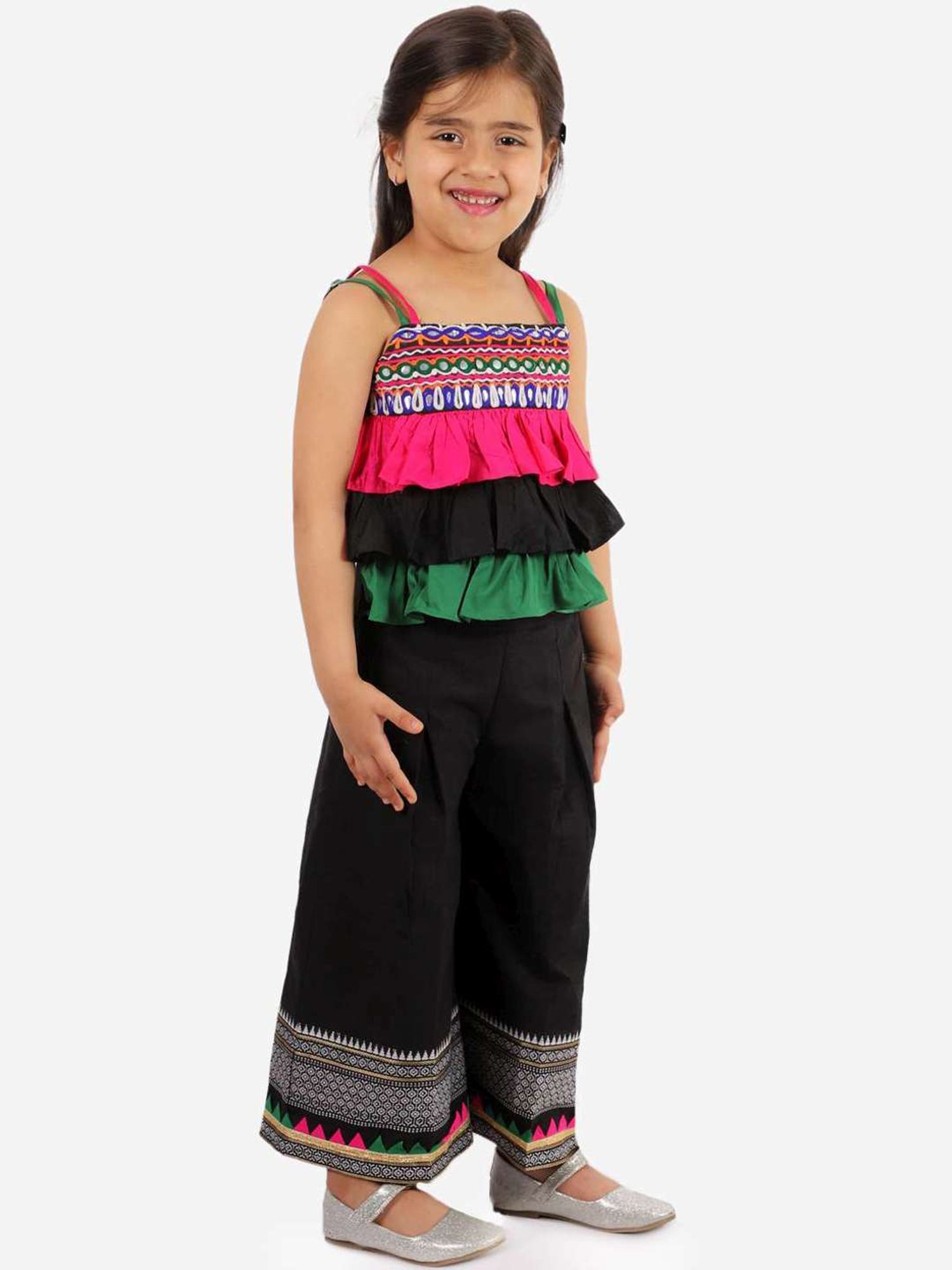 TWISHA Kids Black & Pink Color Block Top Set