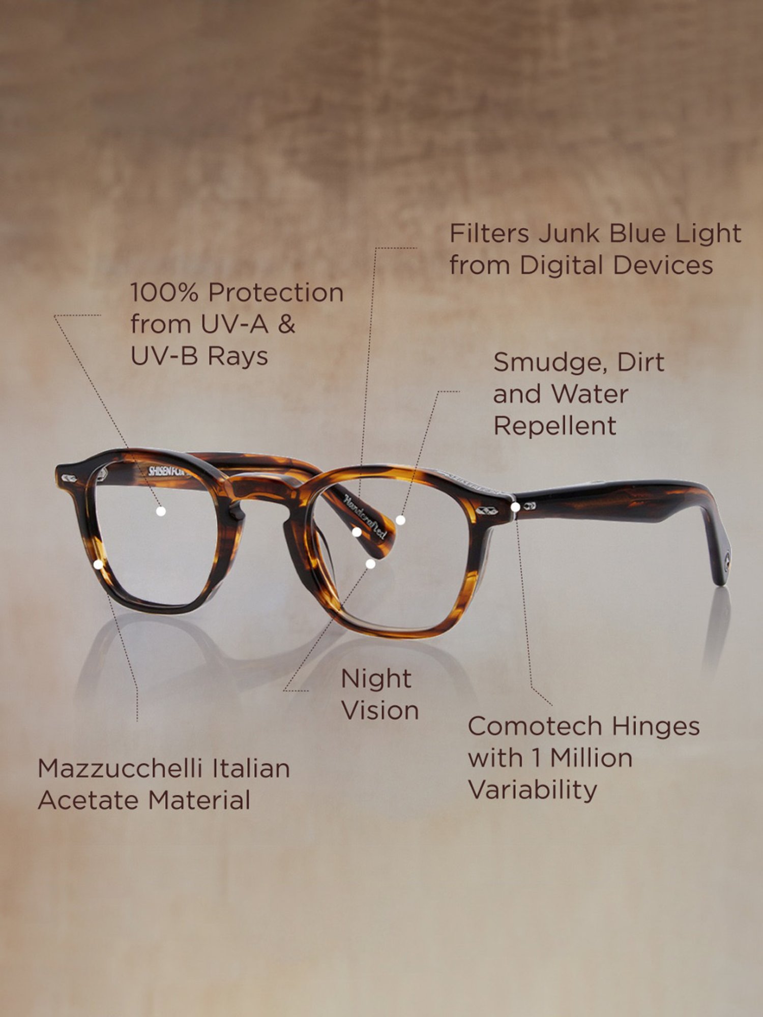 Shisen Fox NIKO Brown Bamboo Square Unisex Blue Filter Computer Lenses -46 mm