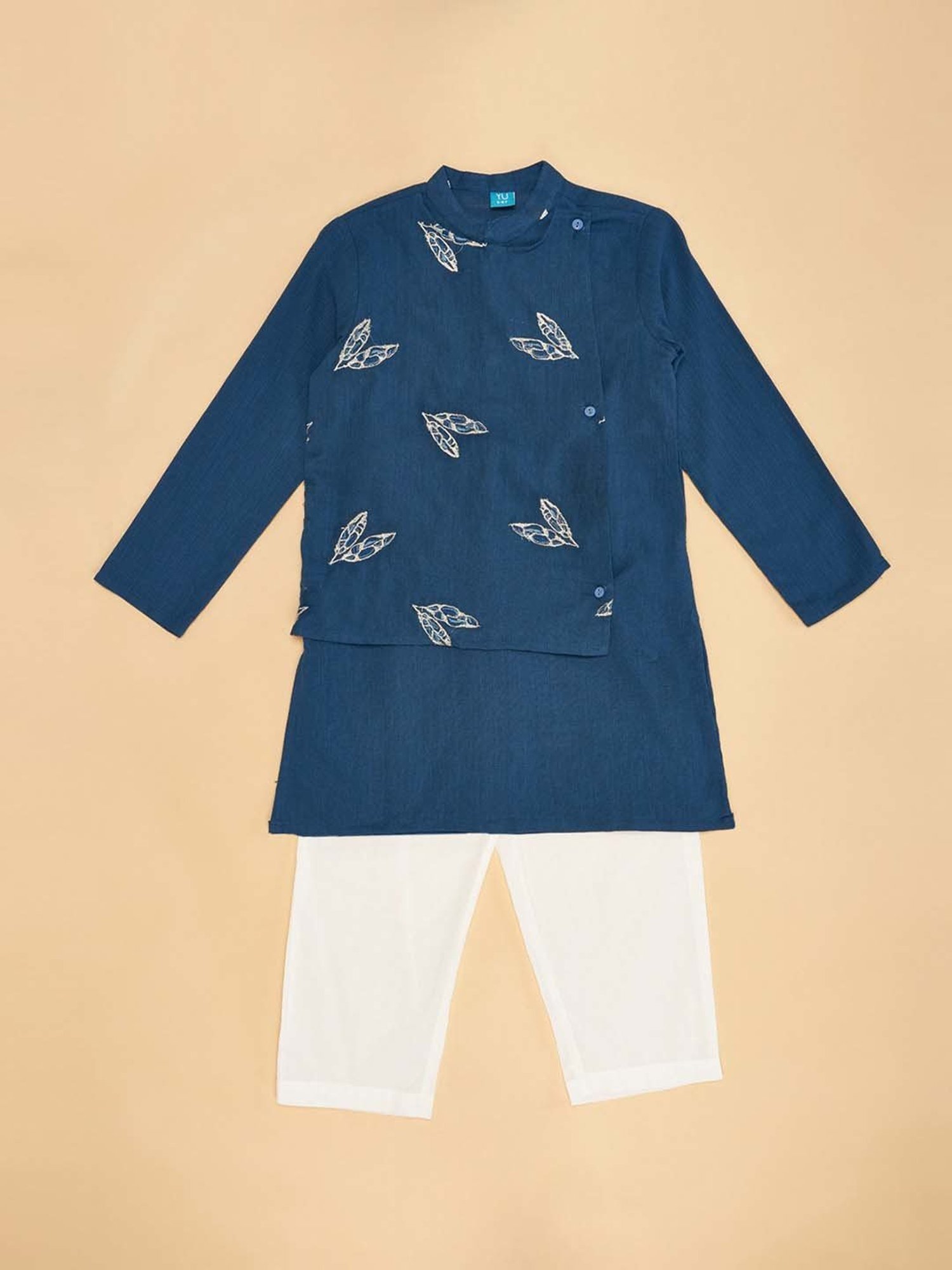 YU by Pantaloons Kids Navy & White Cotton Embroidered Full Sleeves Kurta Set