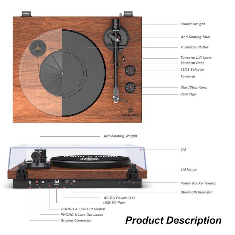 Record Player Stereo Turntable with Built-in 2-Speed Phono Preamp and Belt Drive