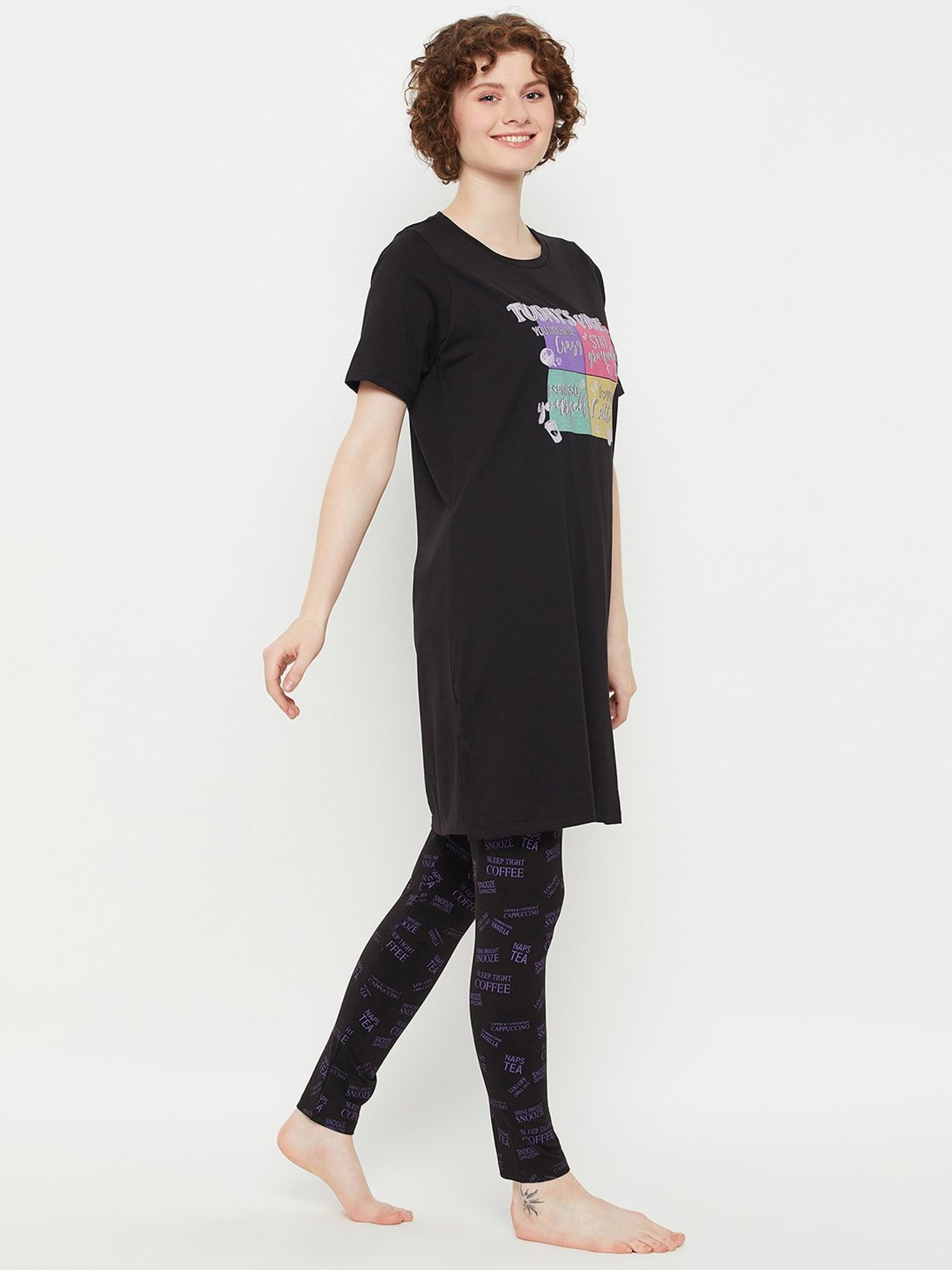 MADAME M Secret Black Graphic Print Long T-Shirt With Pyjamas