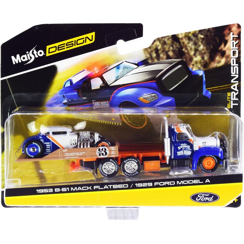 1953 Mack B-61 Flatbed Truck & 1929 Ford Model A #13 Blue & White w/Orange Stripe Elite Transport 1/64 Diecast Models by Maisto