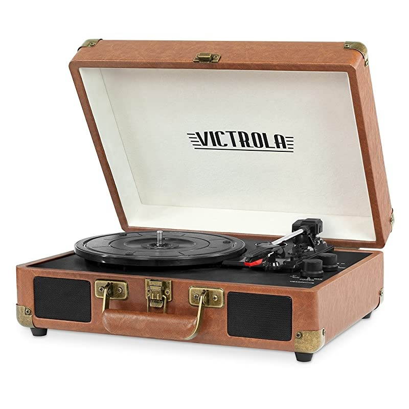 Retro Wood Bluetooth FMAM Radio with Rotary Dial Espresso amp Vintage 3Speed Bluetooth Portable Suitcase Record Player with Builtin Speakers | Upgraded Turntable Audio Sound