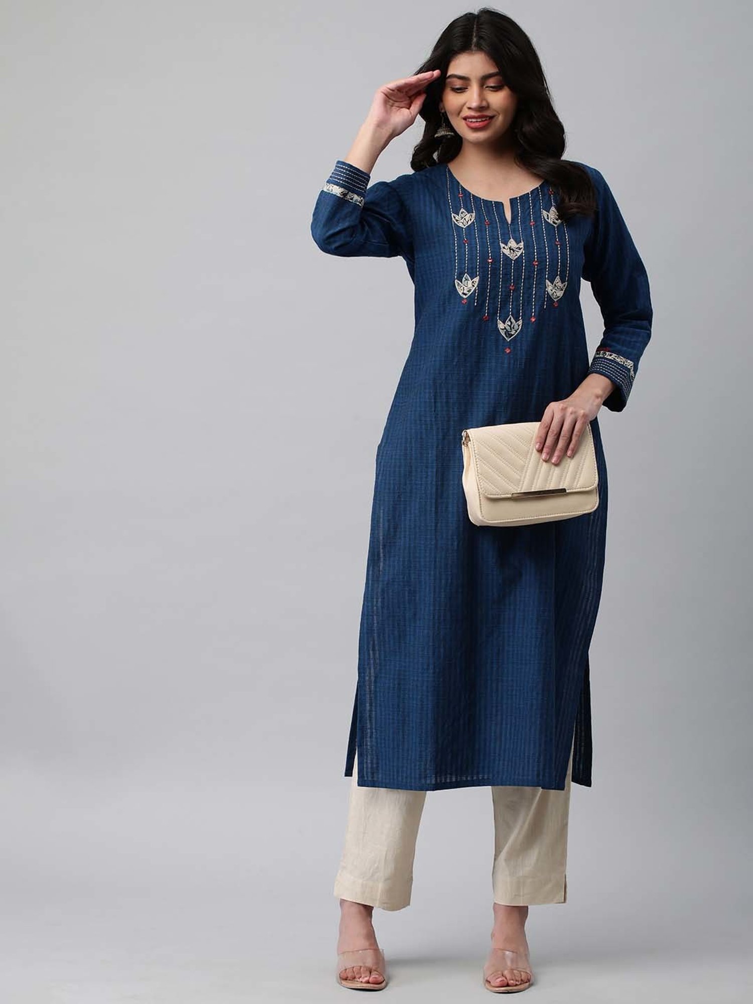 Kami Kubi Blue Cotton Embroidered Straight Kurta