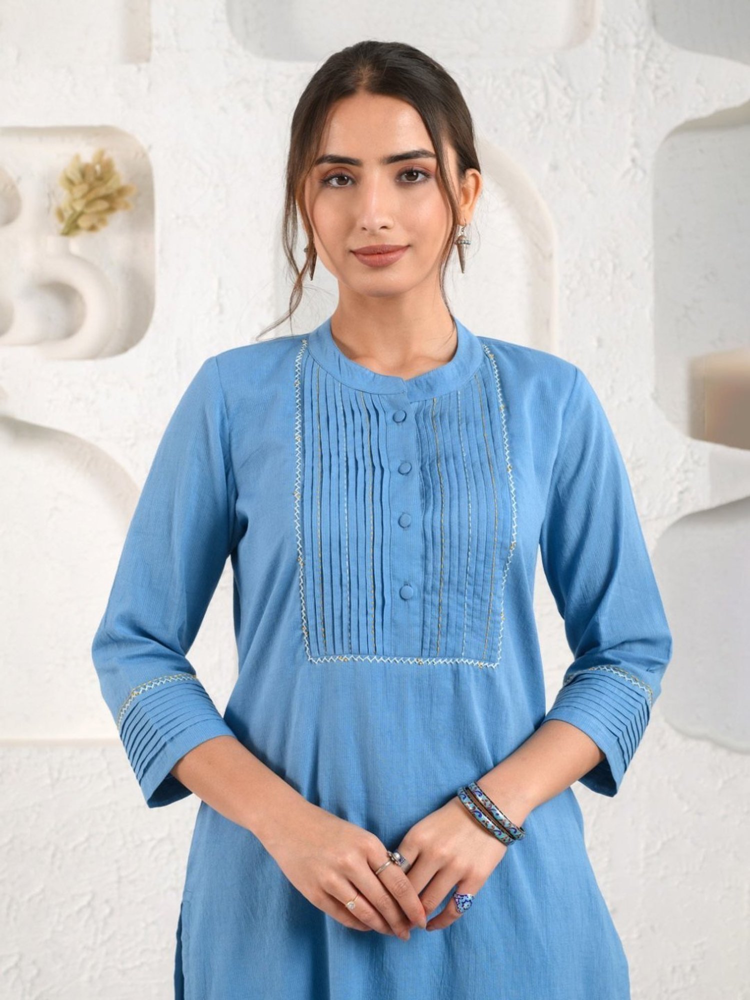 Prakriti Jaipur Blue Pleated Dobby Kurta
