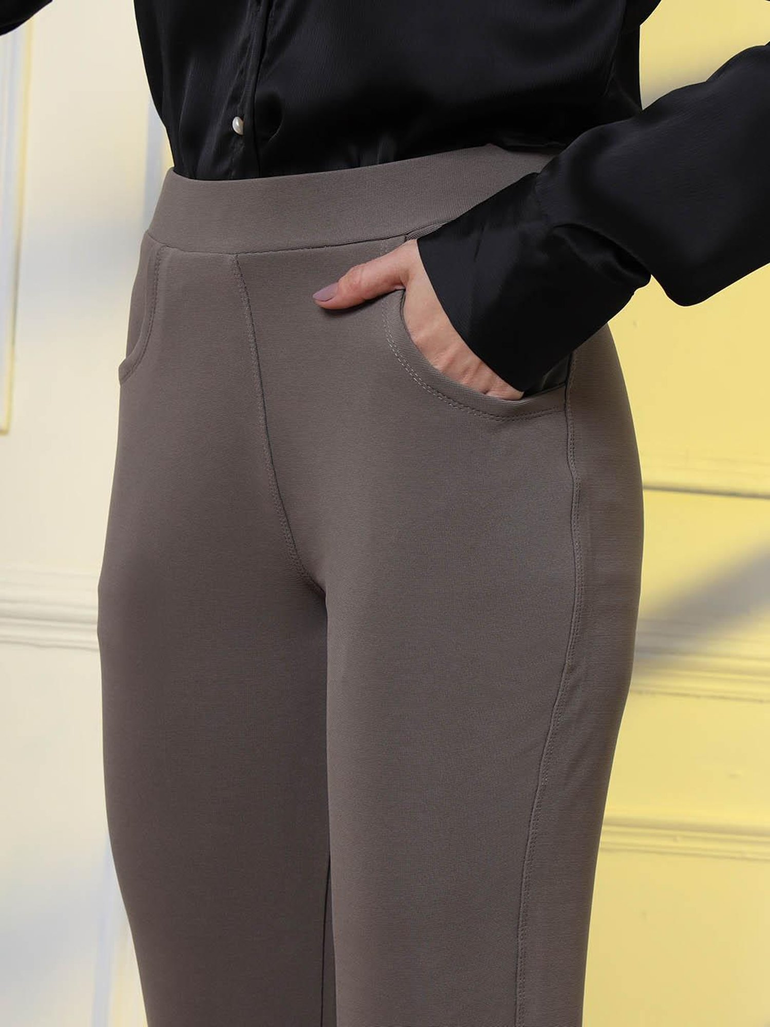 FITHUB Grey Regular Fit High Rise Trousers