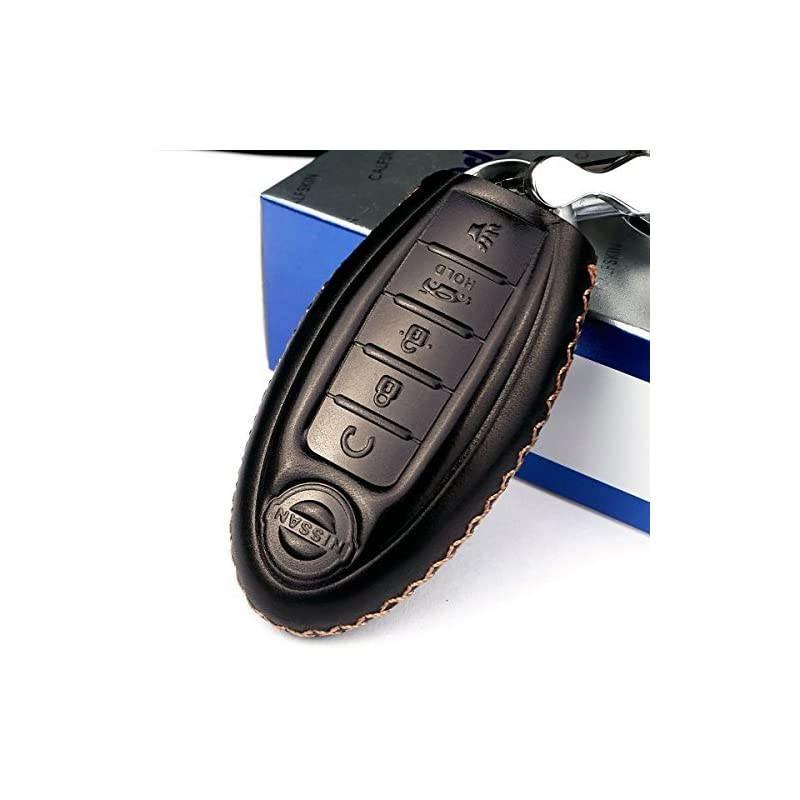 Calfskin Genuine Leather 20082018 Nissan Altima Maxima Murano Pathfinder Rogue Armada Key fob Cover case Holder only for 5 Buttons Black Color 5 Buttons