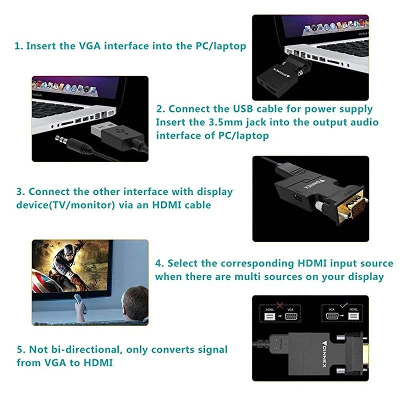 VGA to HDMI Adapter Converter with AudioPC VGA Source Output to TVMonitor with HDMI Connector Active Male VGA in Female HDMI 1080p Video Dongle adaptador for ComputerLaptopProjector