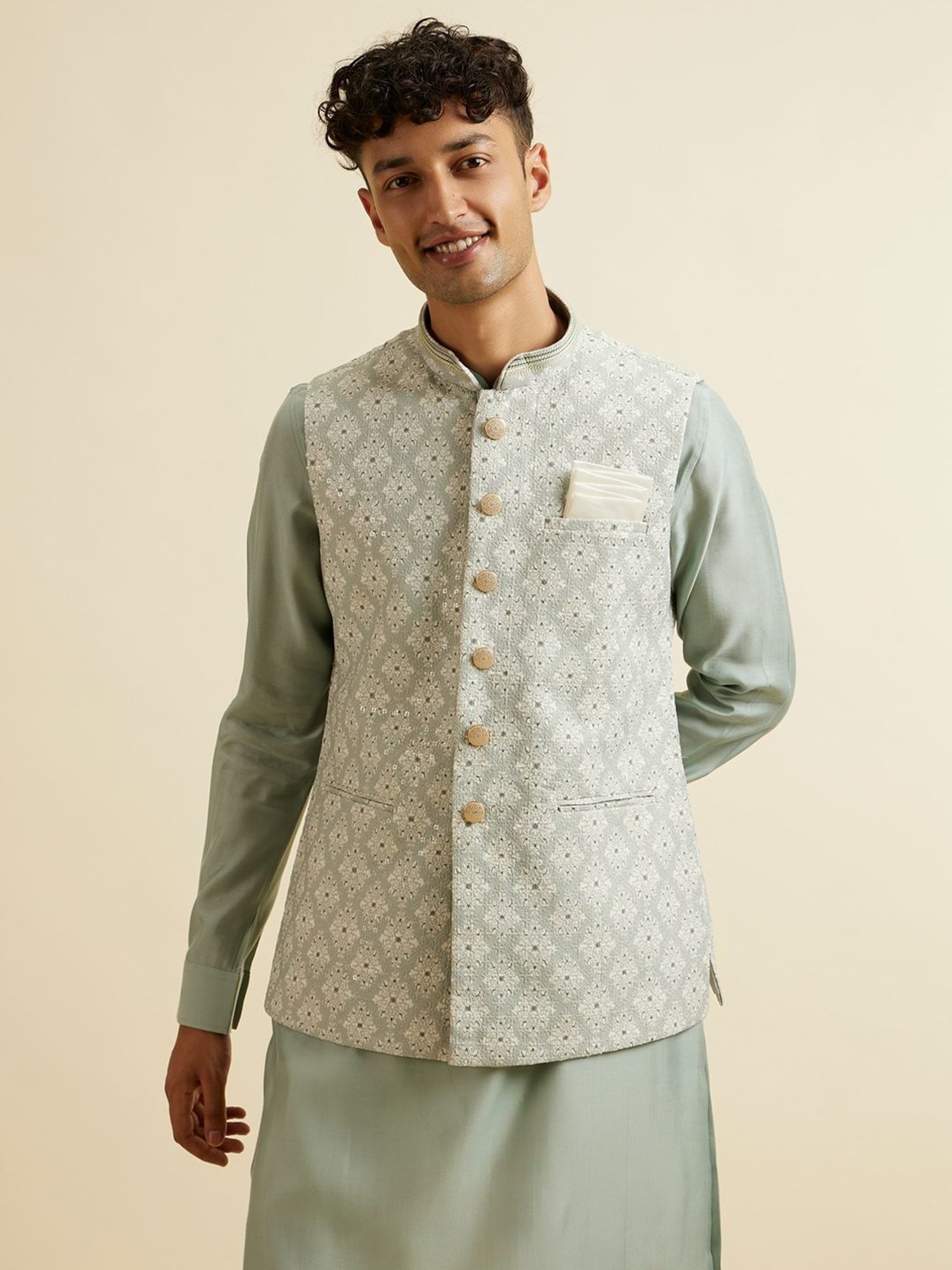 Manyavar Green Regular Fit Embroidered Nehru Jacket