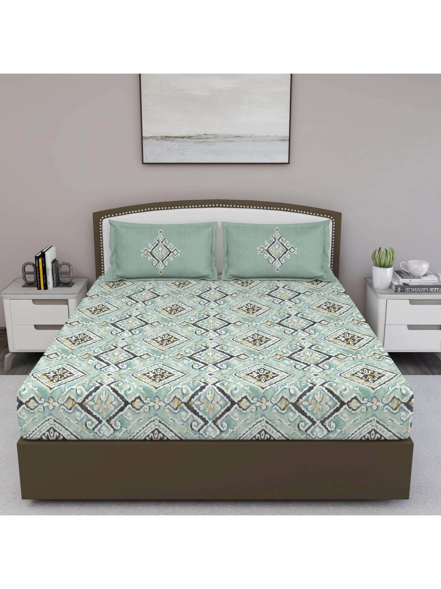 GM 'Fiesta' Sage Green Cotton 180 TC Double Bedsheet with 2 Pillow Covers
