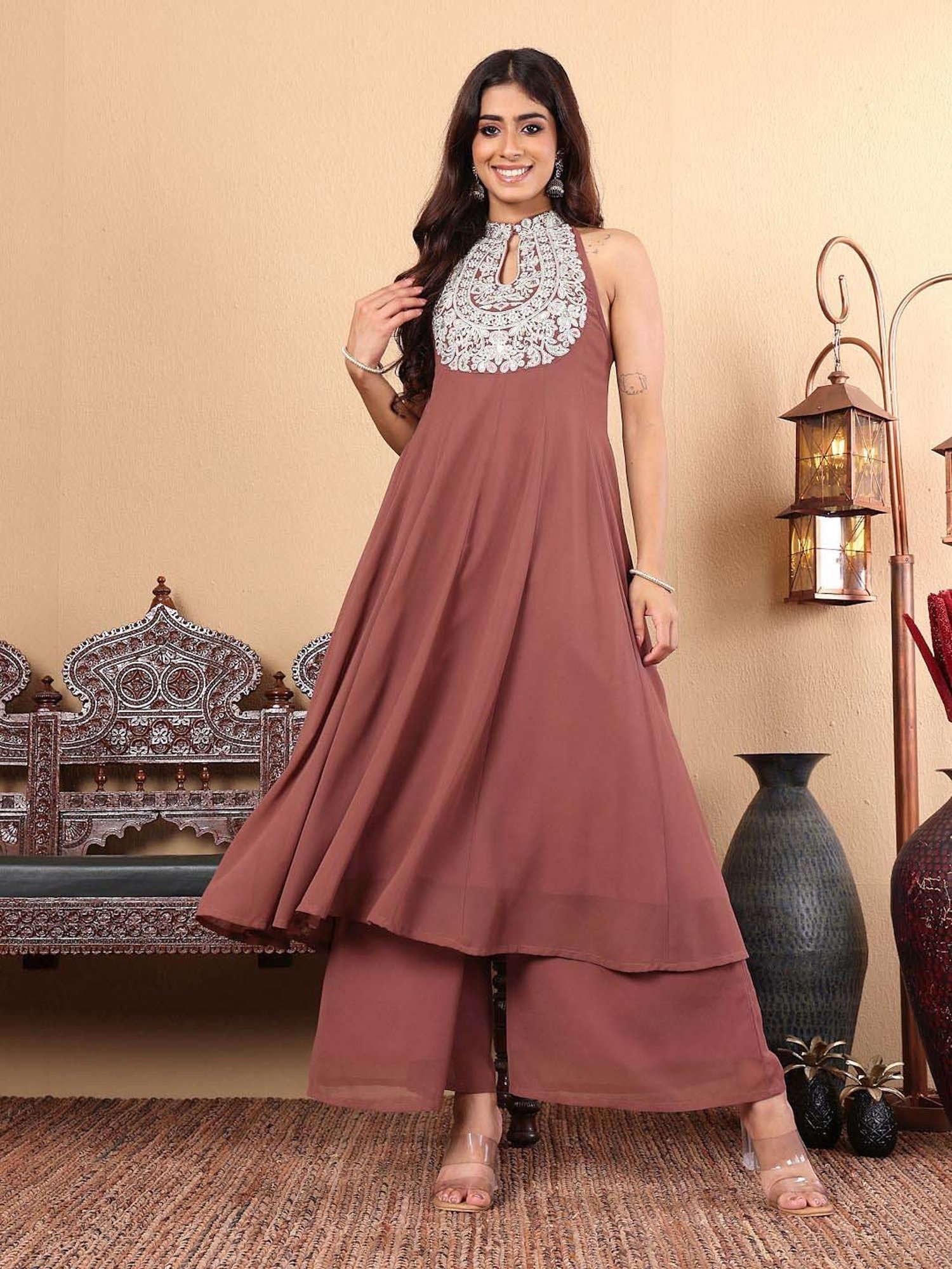Varanga Camel Brown Embroidered Kurta & Palazzo Set