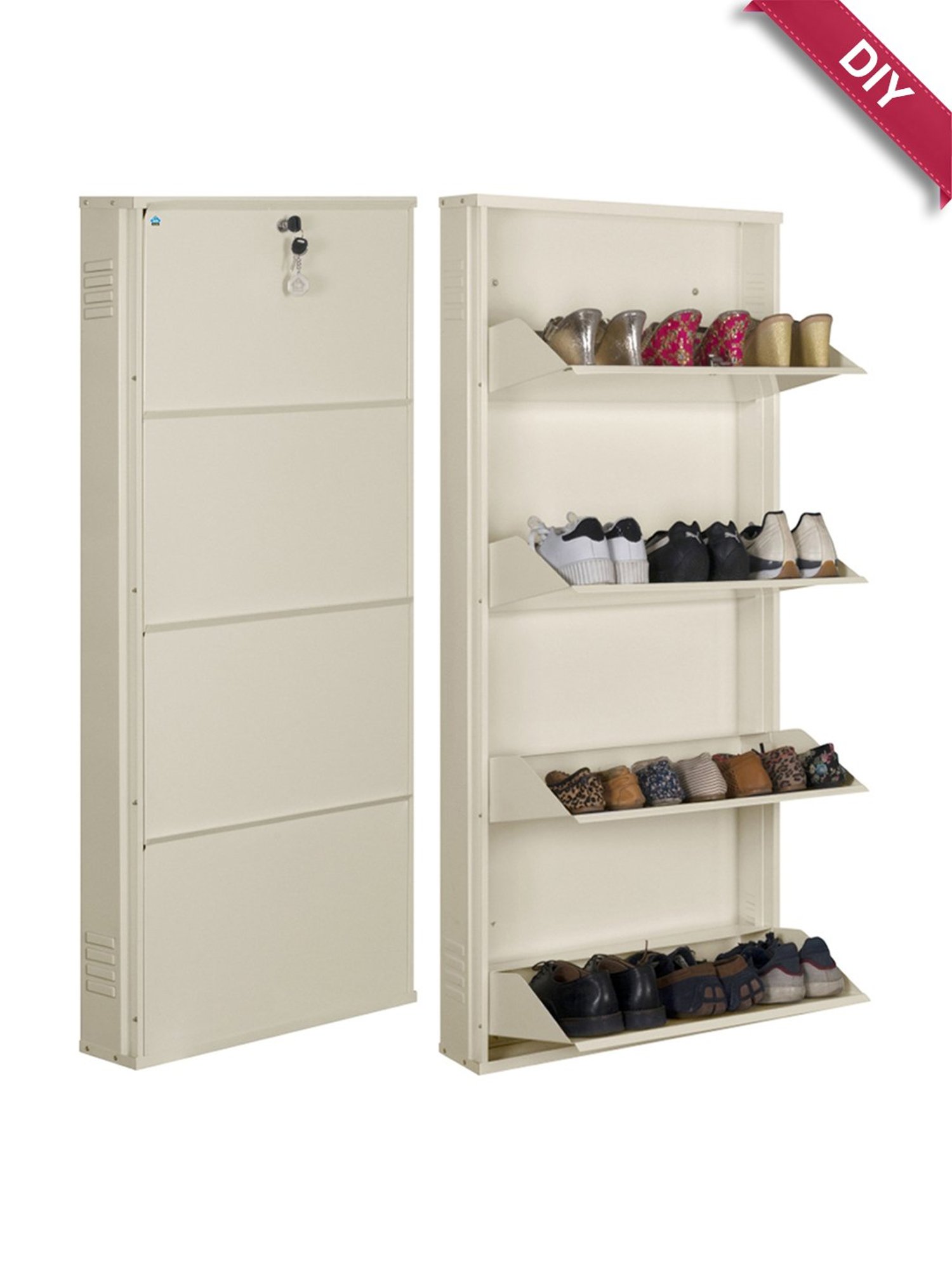 Delite Kom Metal Shoe Rack - 24" 3 Shelf, Ivory Green, PowderCoat, Wall Mount, DIY