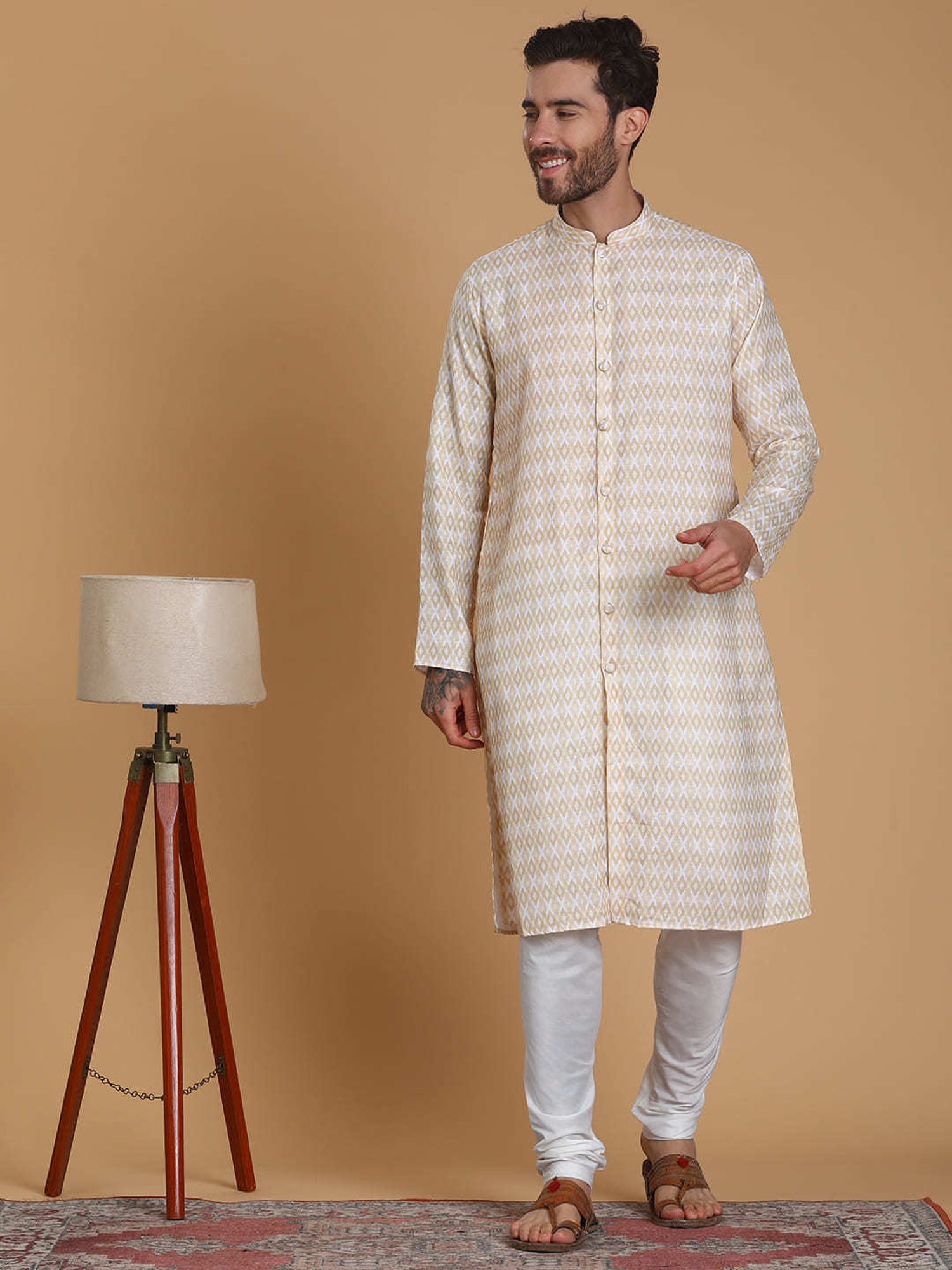 TABARD Beige Regular Fit Print Kurta with Churidar Set