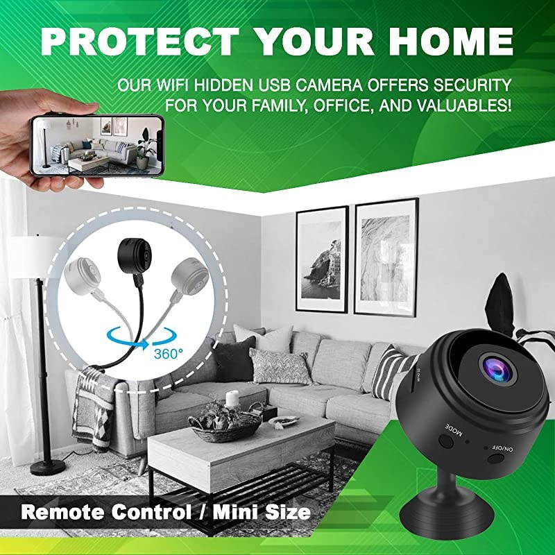 Hidden Spy Camera WiFi Small Wireless Video Camera Full HD 1080P Night Vision Motion Sensor Support SD Card for iPhone Android Video Detection Security Nanny Surveillance Cam