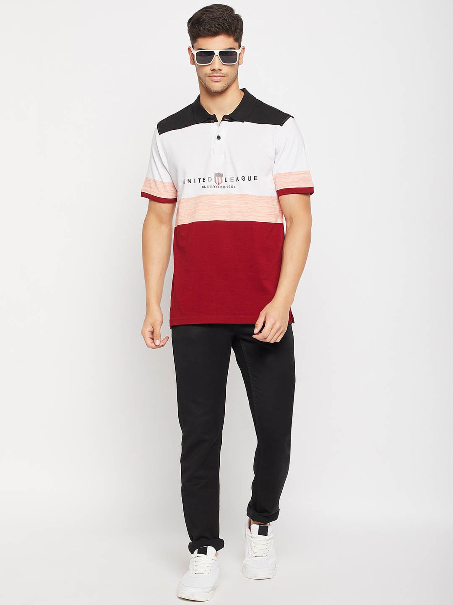 Club York Maroon & White Regular Fit Colour-Block Polo T-Shirt