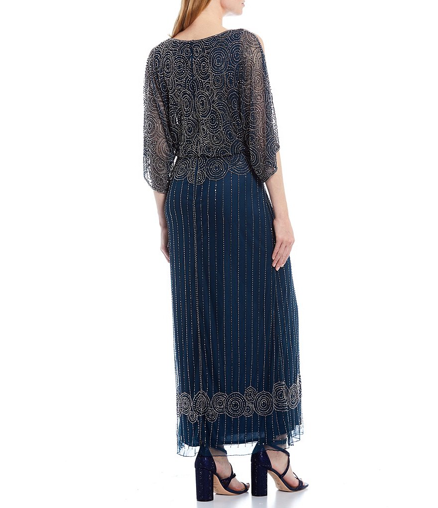 Jkara Petite Size V-Neck 3/4 Sleeve Beaded Bodice Gown