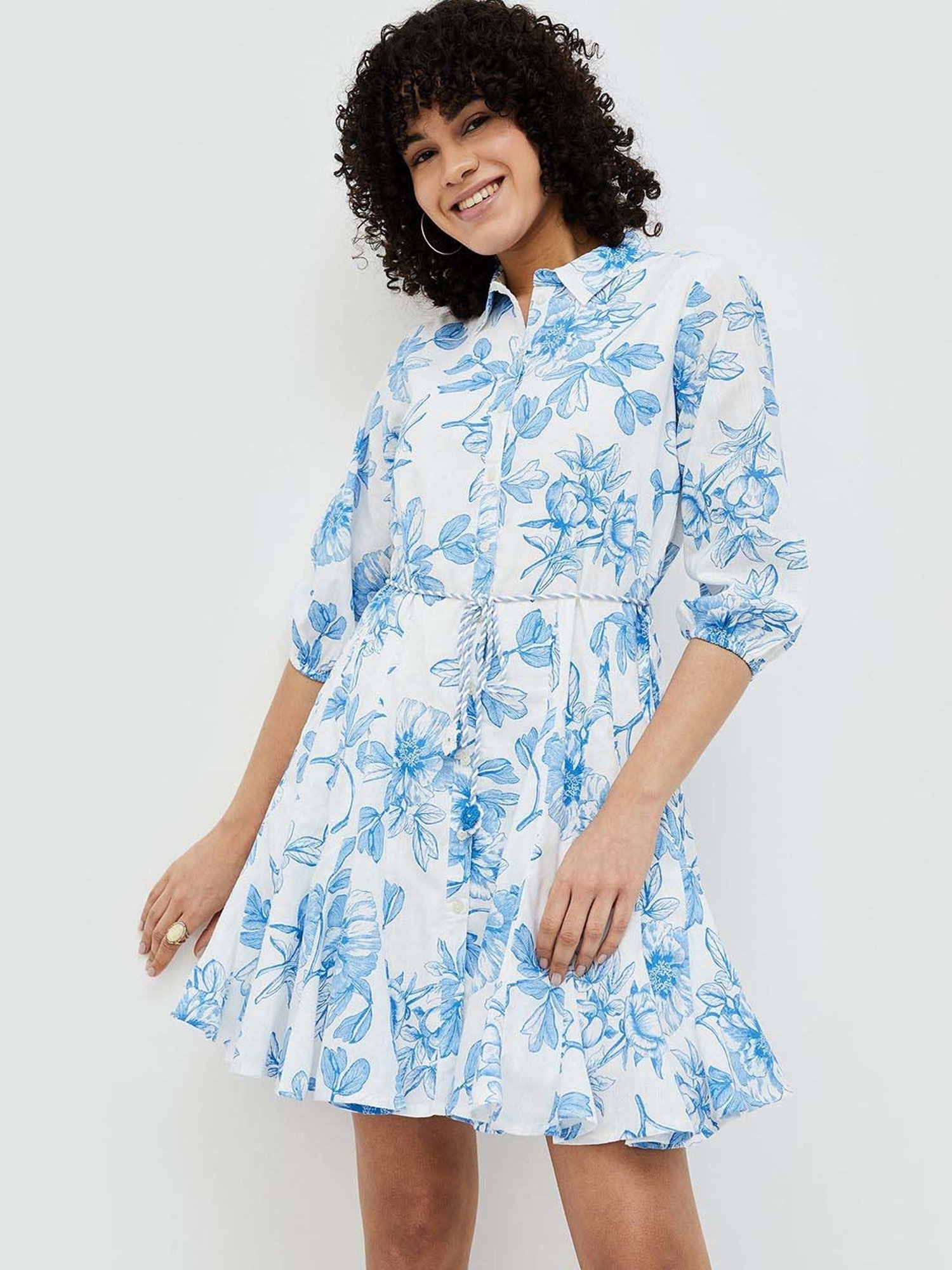 Colour Me by Melange Blue Cotton Printed A-Line Dress With Belt
