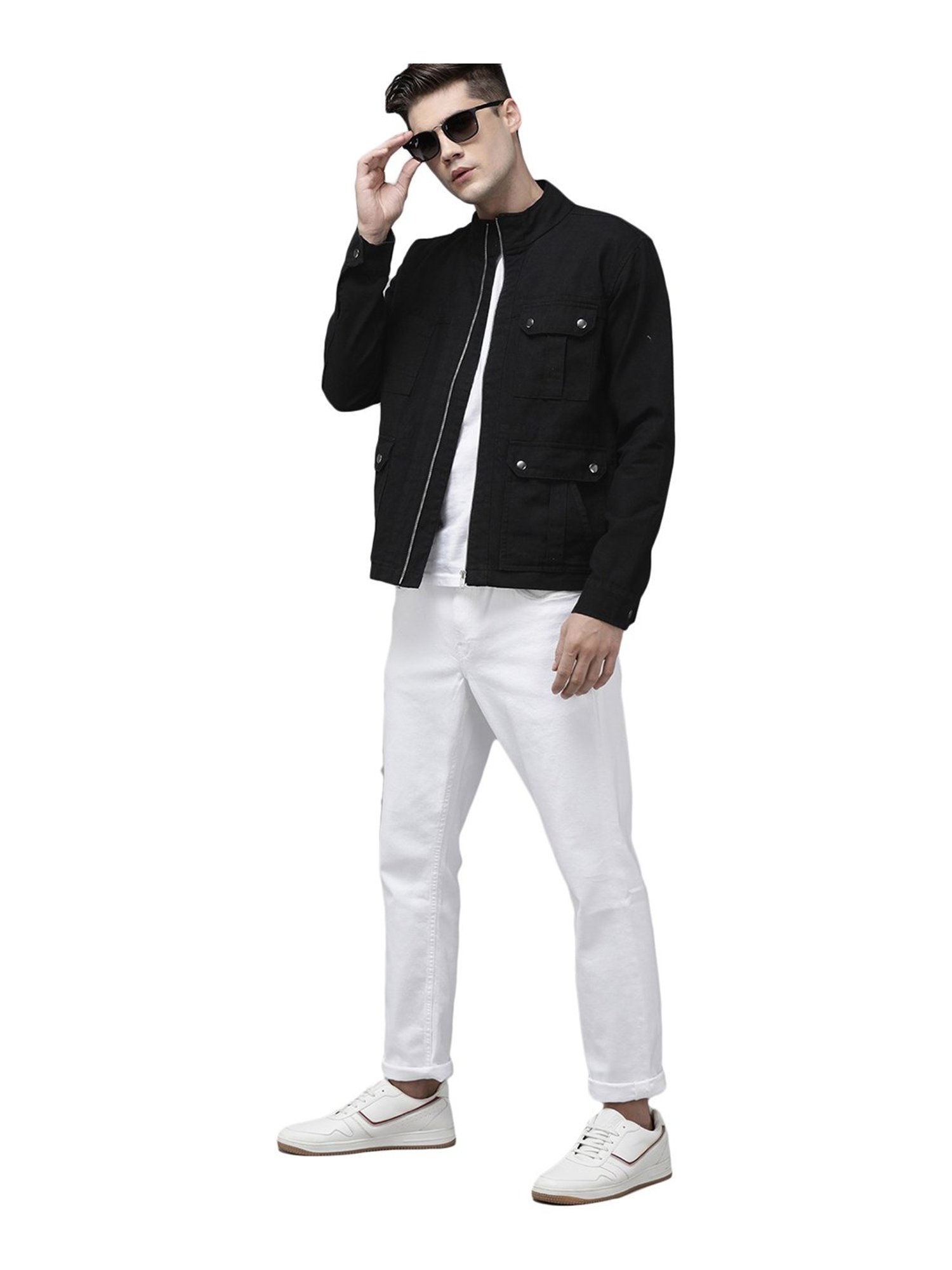 VOXATI Black Full Sleeves Mock Collar Denim Jacket