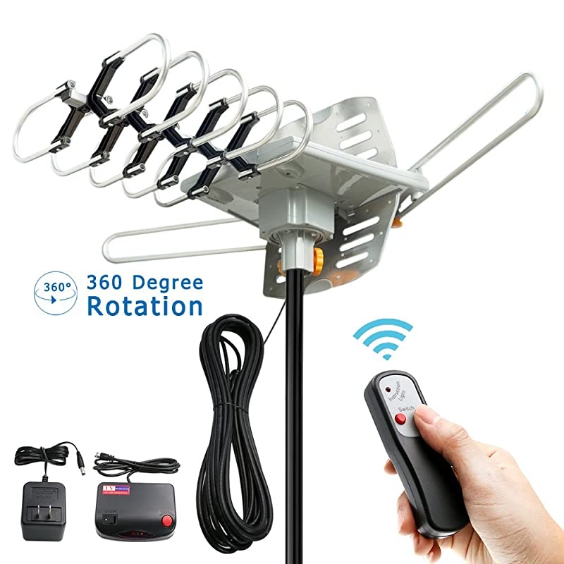 Outdoor 150 Mile Motorized 360 Degree Rotation OTA Amplified HD TV Antenna for 2 TVs UHF/VHF/1080P Channels Wireless Remote Rotation Control - 32.8' Coax Cable