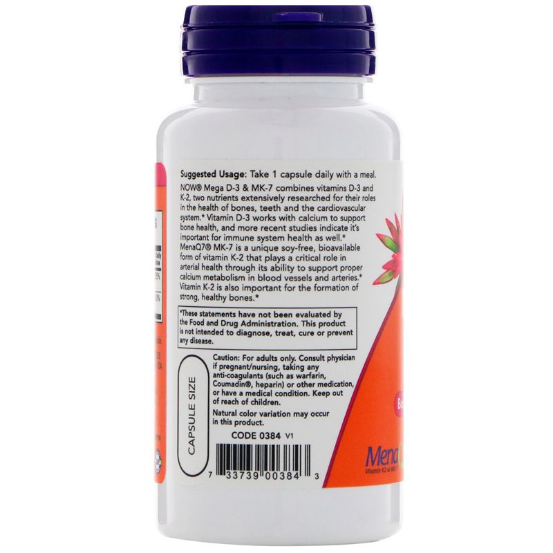 Now Foods Mega D-3 & MK-7, 180 mcg (5,000 IU), 60 Veg Capsules, Vitamin D