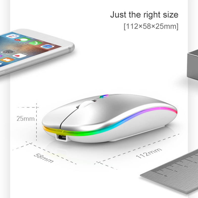 LED Wireless Mouse Slim Rechargeable Wireless Silent Mouse, 2.4G Portable USB Optical Wireless Computer Mice with USB Receiver and Type C Adapter