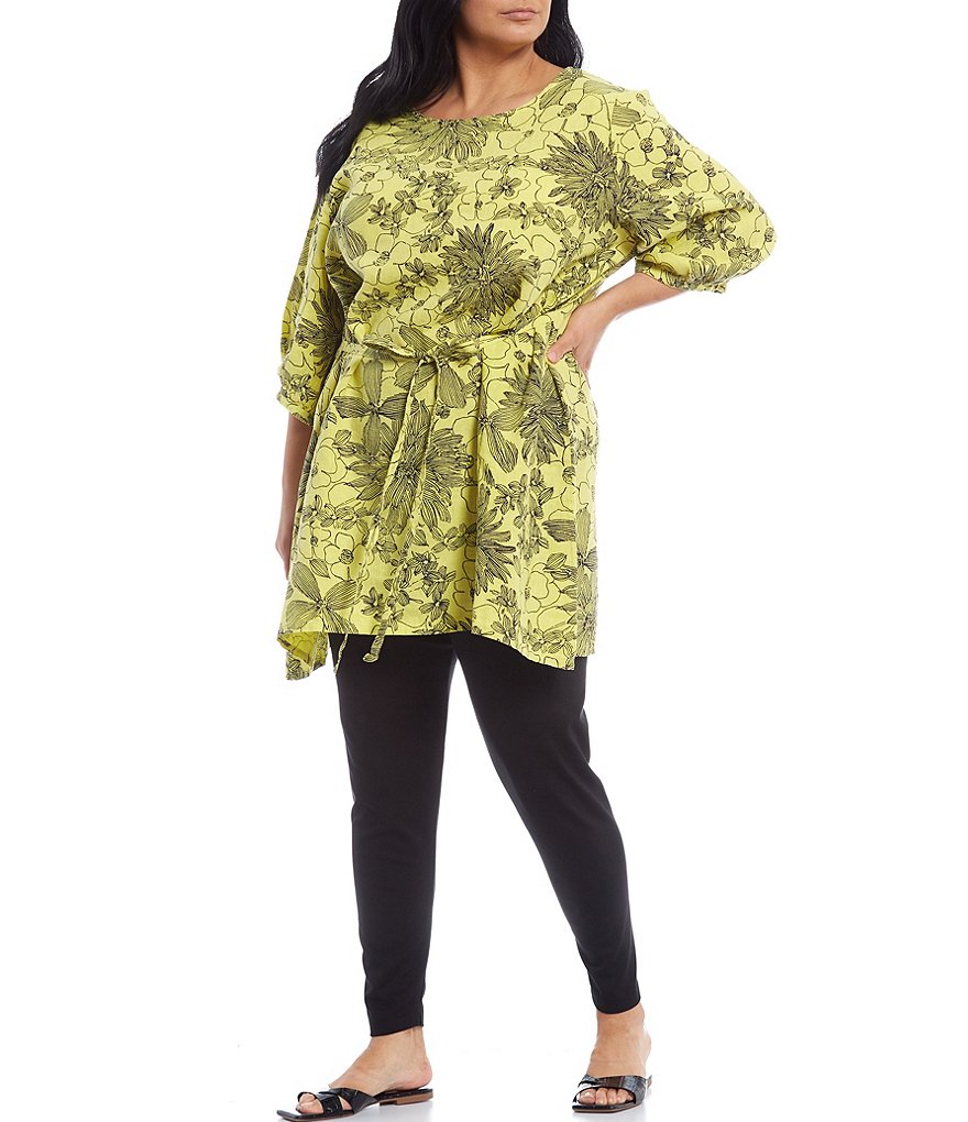 Bryn Walker Plus Size Carina Jewel Neck 3/4 Puff Sleeve Floral Print Linen Tunic