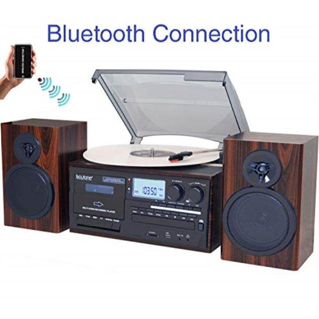 boytone bt28mb, bluetooth classic style record player turntable with am/fm radio, cd / cassette player, 2 separate stereo speakers, record from vinyl, radio, and cassette to mp3, sd slot, usb, aux