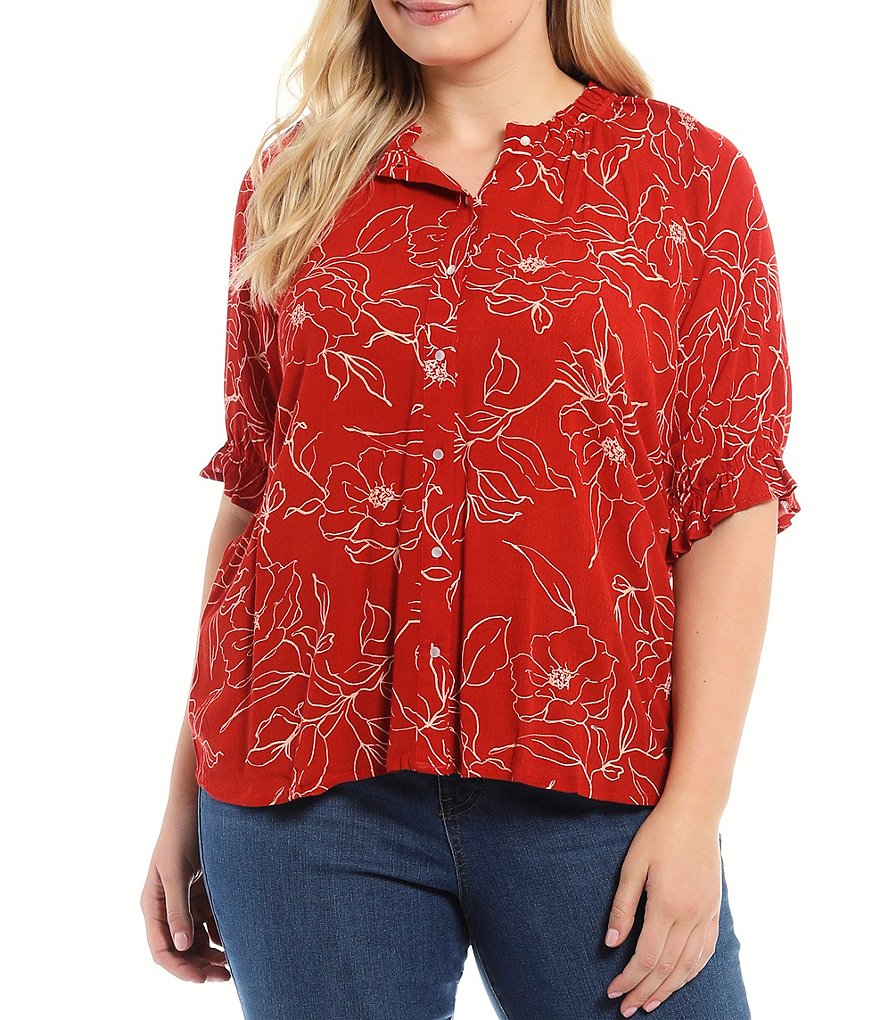 Bobeau Plus Size Red Floral Print Ruffle Trim Banded Collar Neck Short Sleeve Button Down Top
